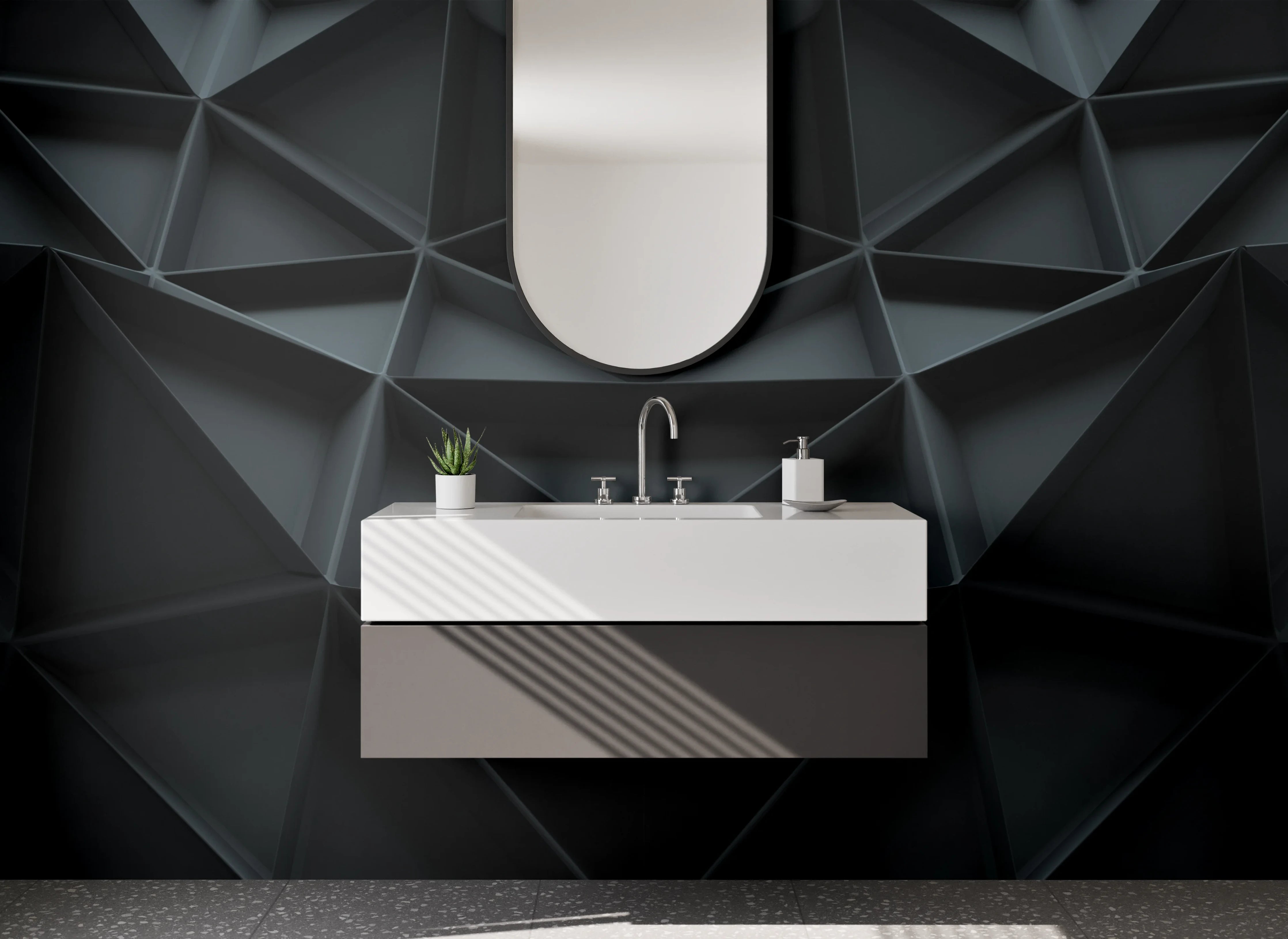 Waschbecken-Rückwand - Moderne 3D-Geomtrie in Schwarzgrau