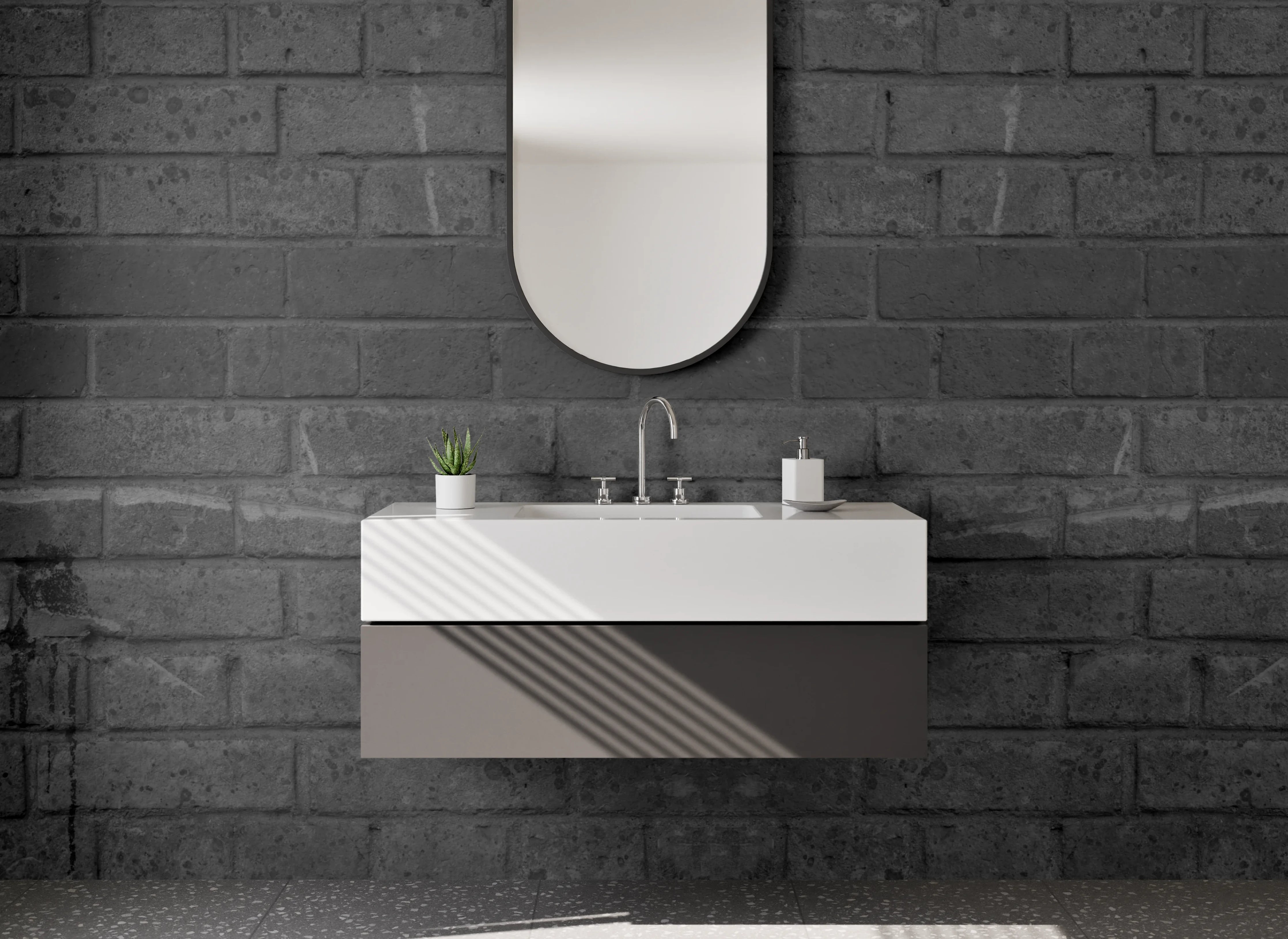 Waschbecken-Rückwand - Moderne Backstein-Optik Grau Schwarz
