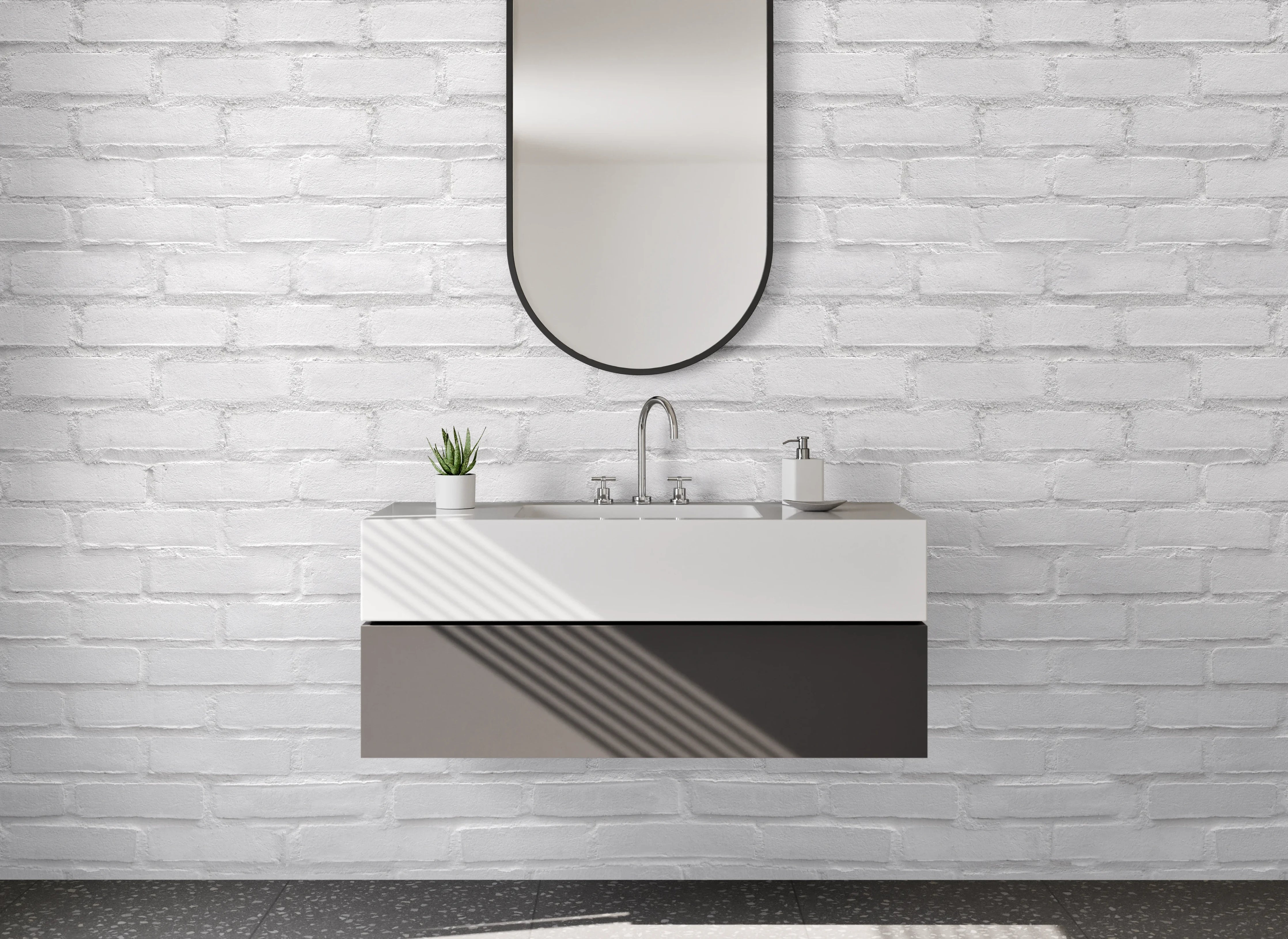 Waschbecken-Rückwand - Moderne Backsteinwand in Weiß-Grau