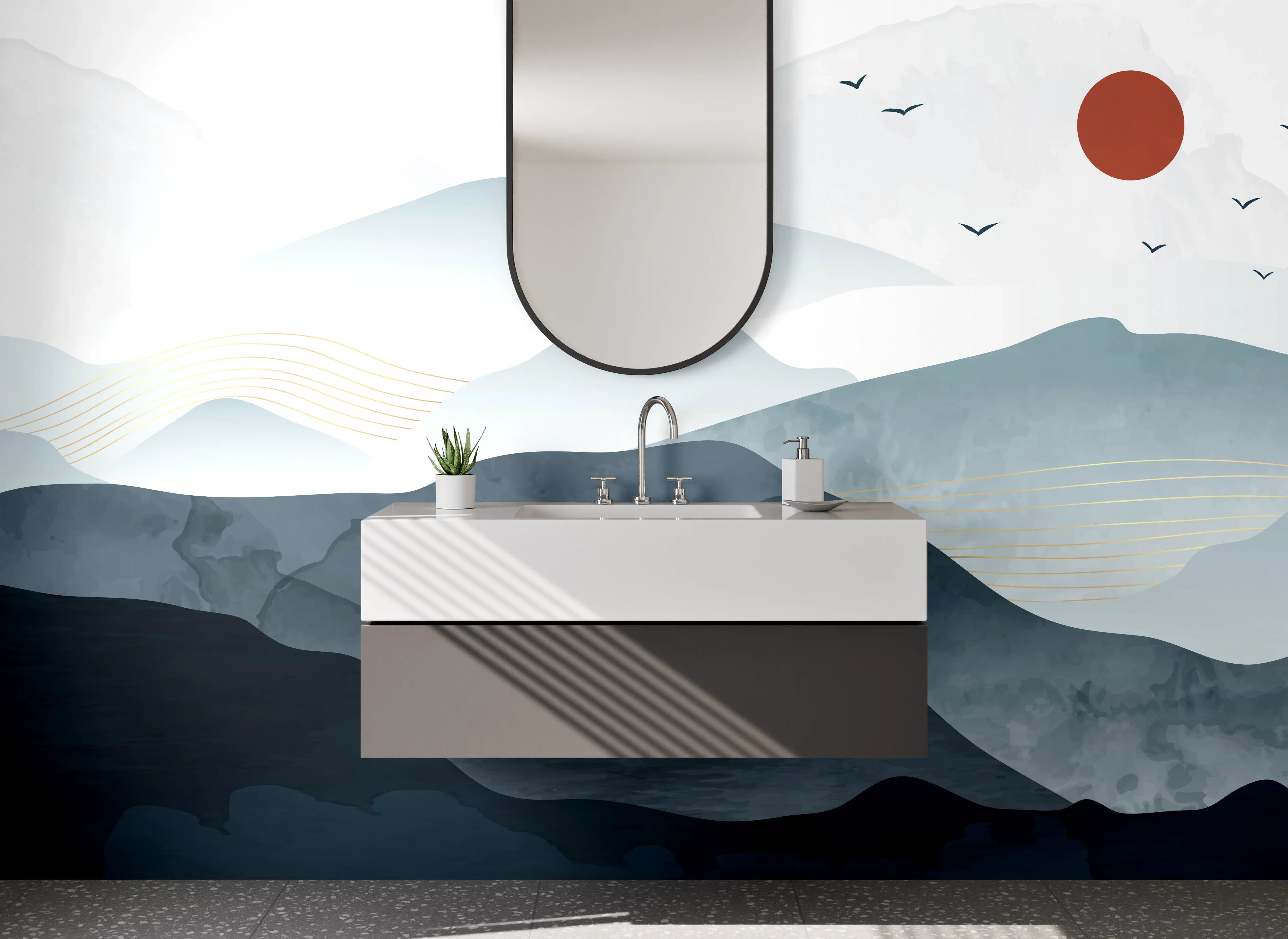 Waschbecken-Rückwand - Moderne Berglandschaft im minimalistischen Stil