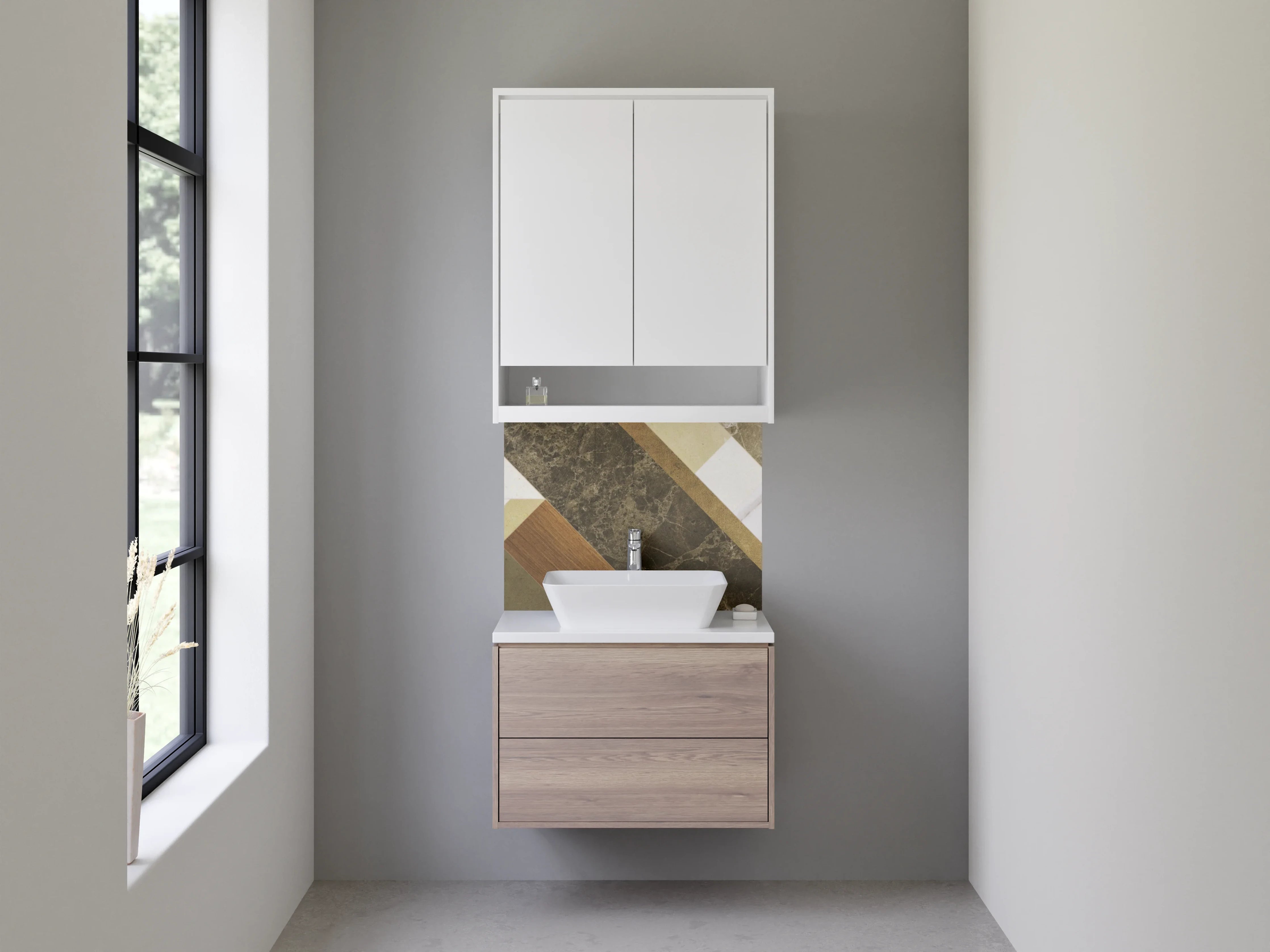 Waschbecken-Rückwand - Moderne Holz- und Steinoptik mit Grau- und Beigetönen