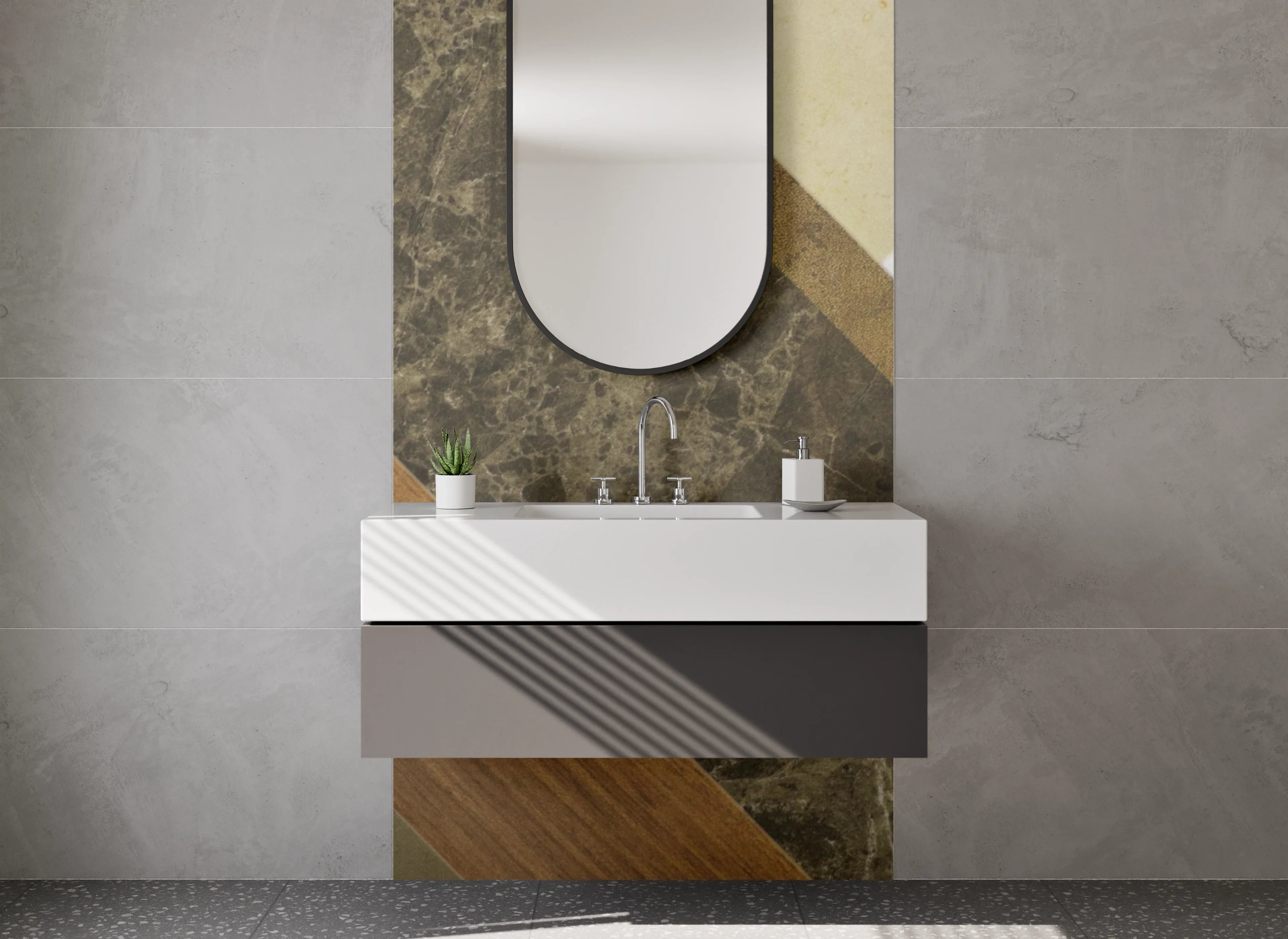 Waschbecken-Rückwand - Moderne Holz- und Steinoptik mit Grau- und Beigetönen