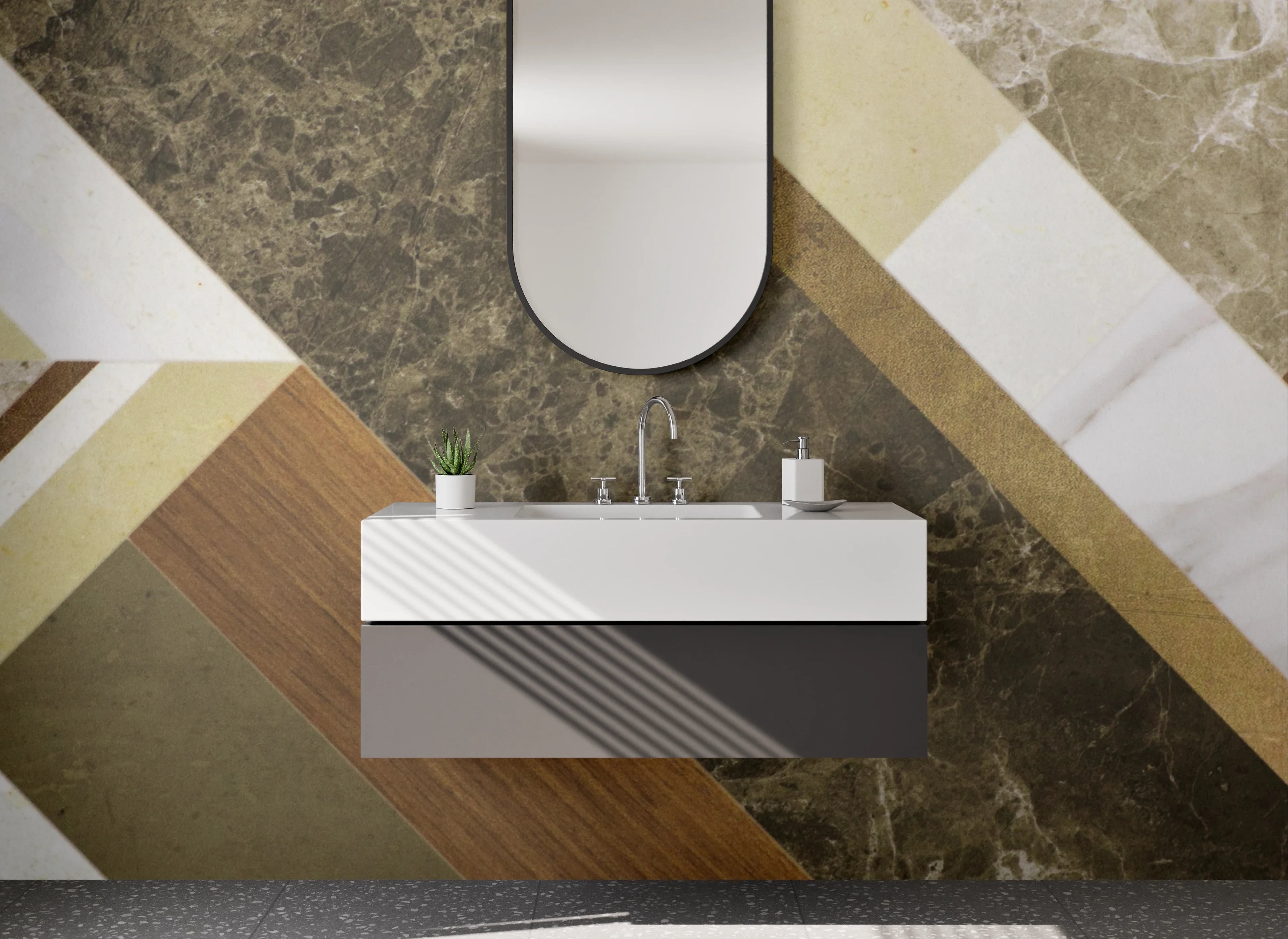 Waschbecken-Rückwand - Moderne Holz- und Steinoptik mit Grau- und Beigetönen