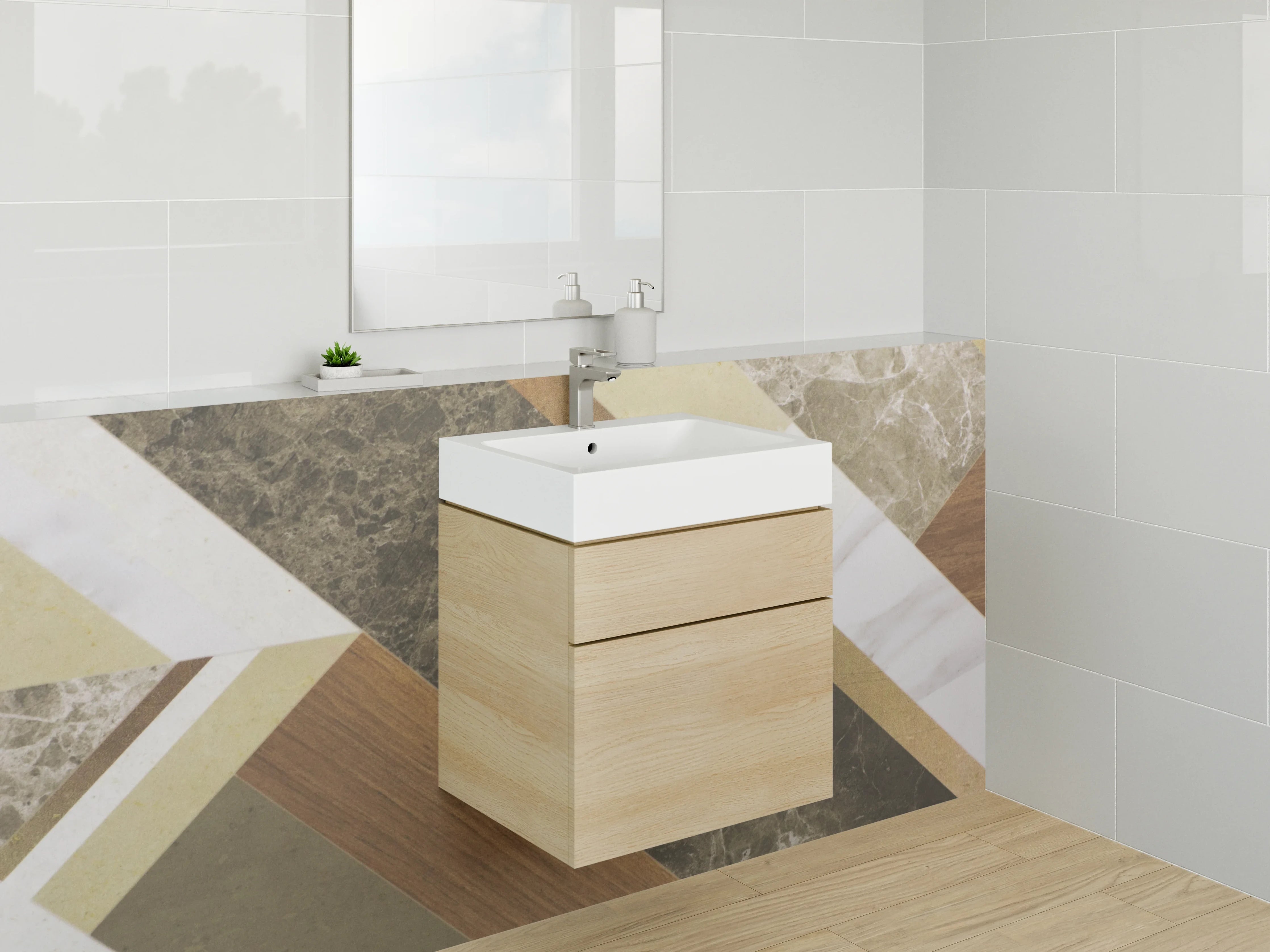 Waschbecken-Rückwand - Moderne Holz- und Steinoptik mit Grau- und Beigetönen