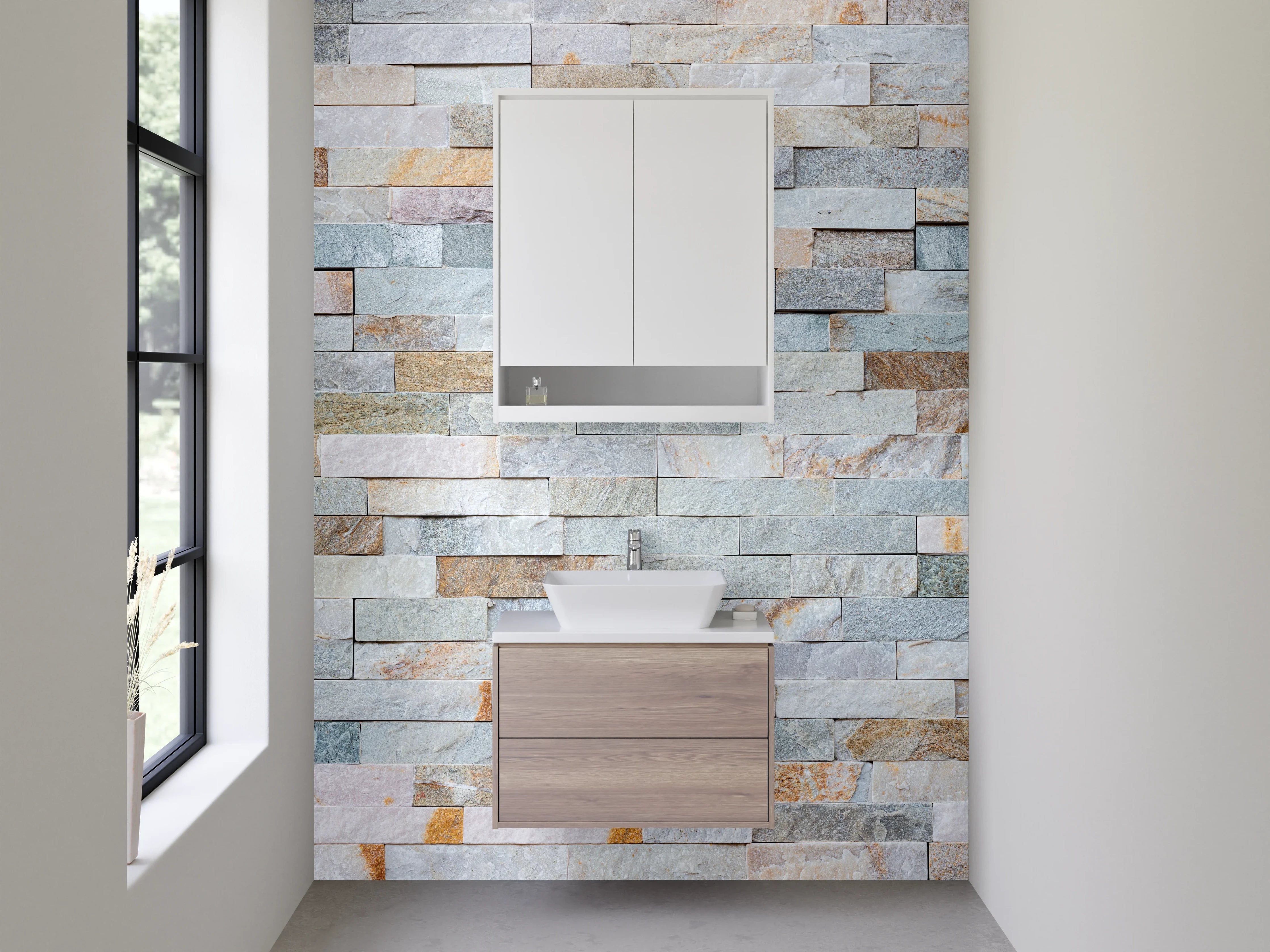 Waschbecken-Rückwand - Moderne Naturstein-Optik Weiß-Grau