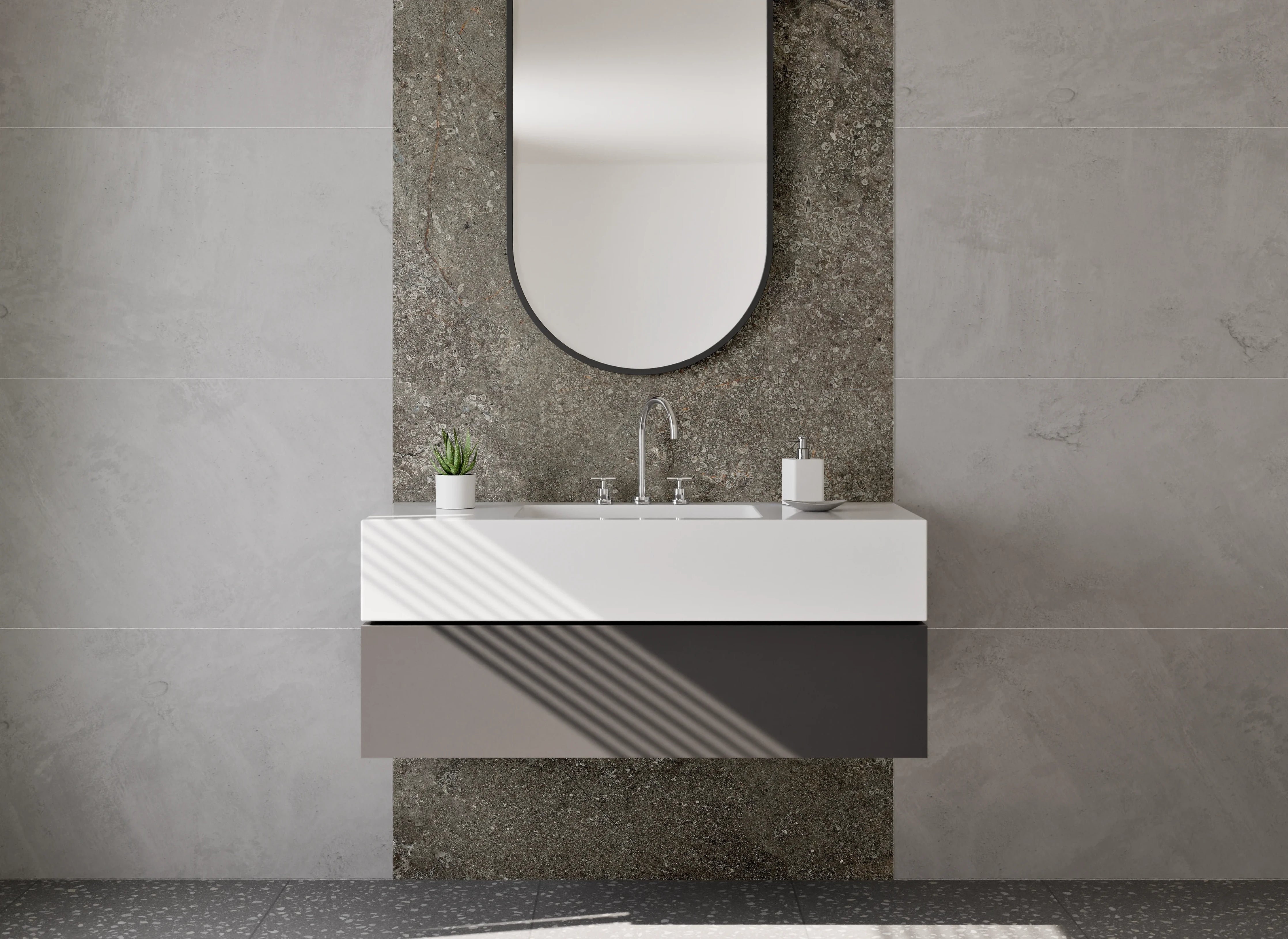 Waschbecken-Rückwand - Moderne Steinoptik Dunkelgrau Fliese