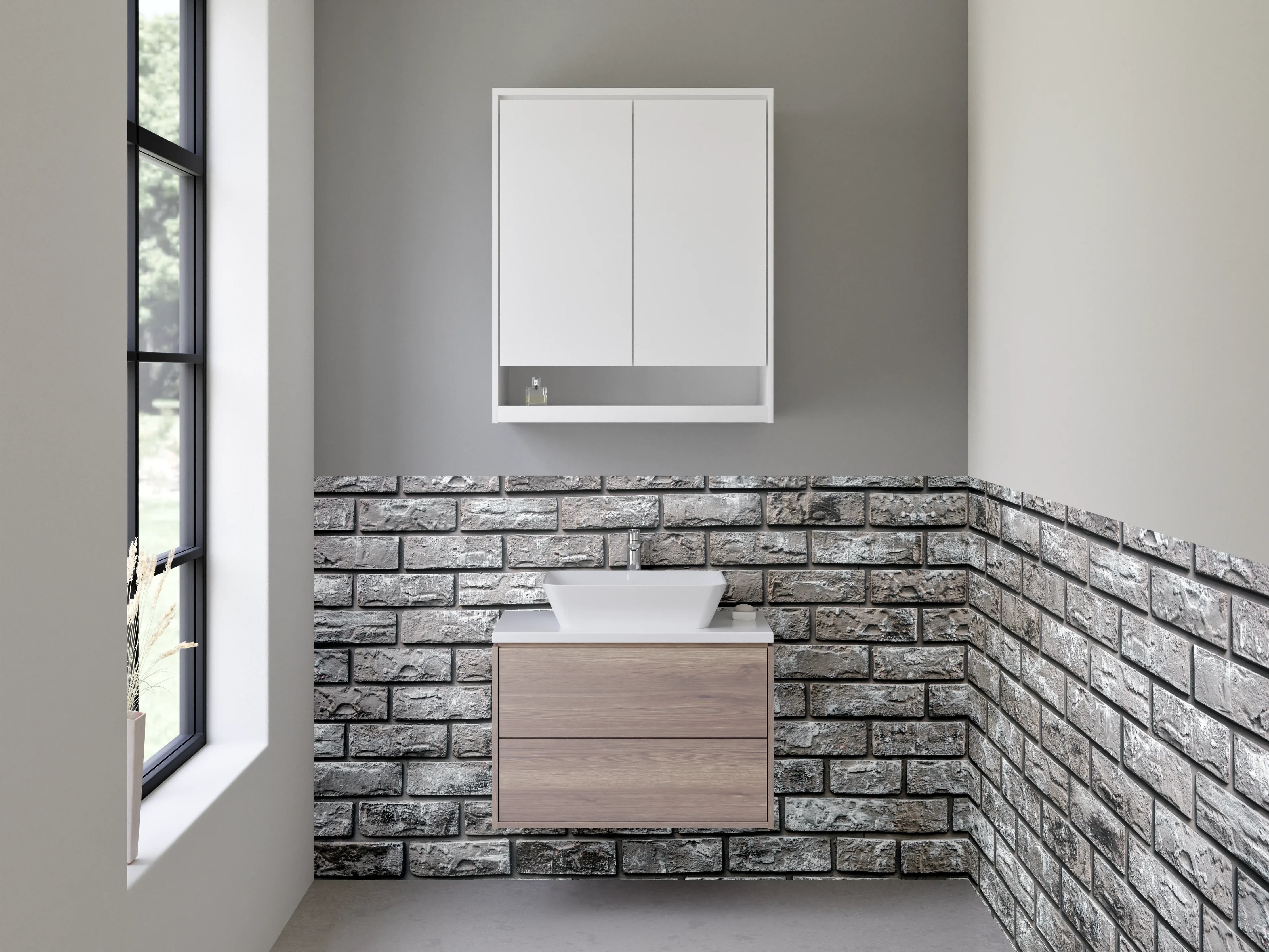 Waschbecken-Rückwand - Moderne Steinziegel-Optik Grau Weiß