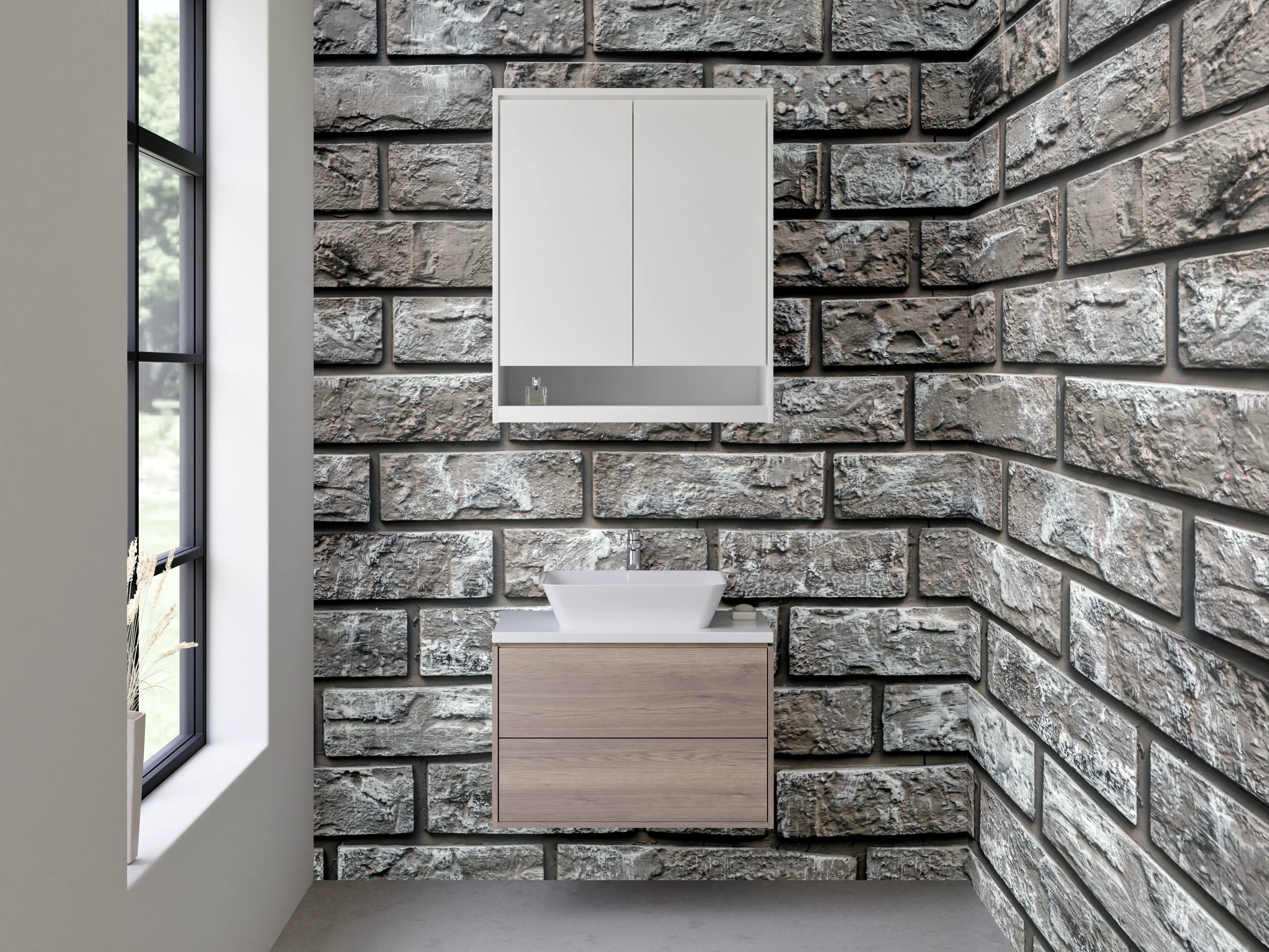 Waschbecken-Rückwand - Moderne Steinziegel-Optik Grau Weiß