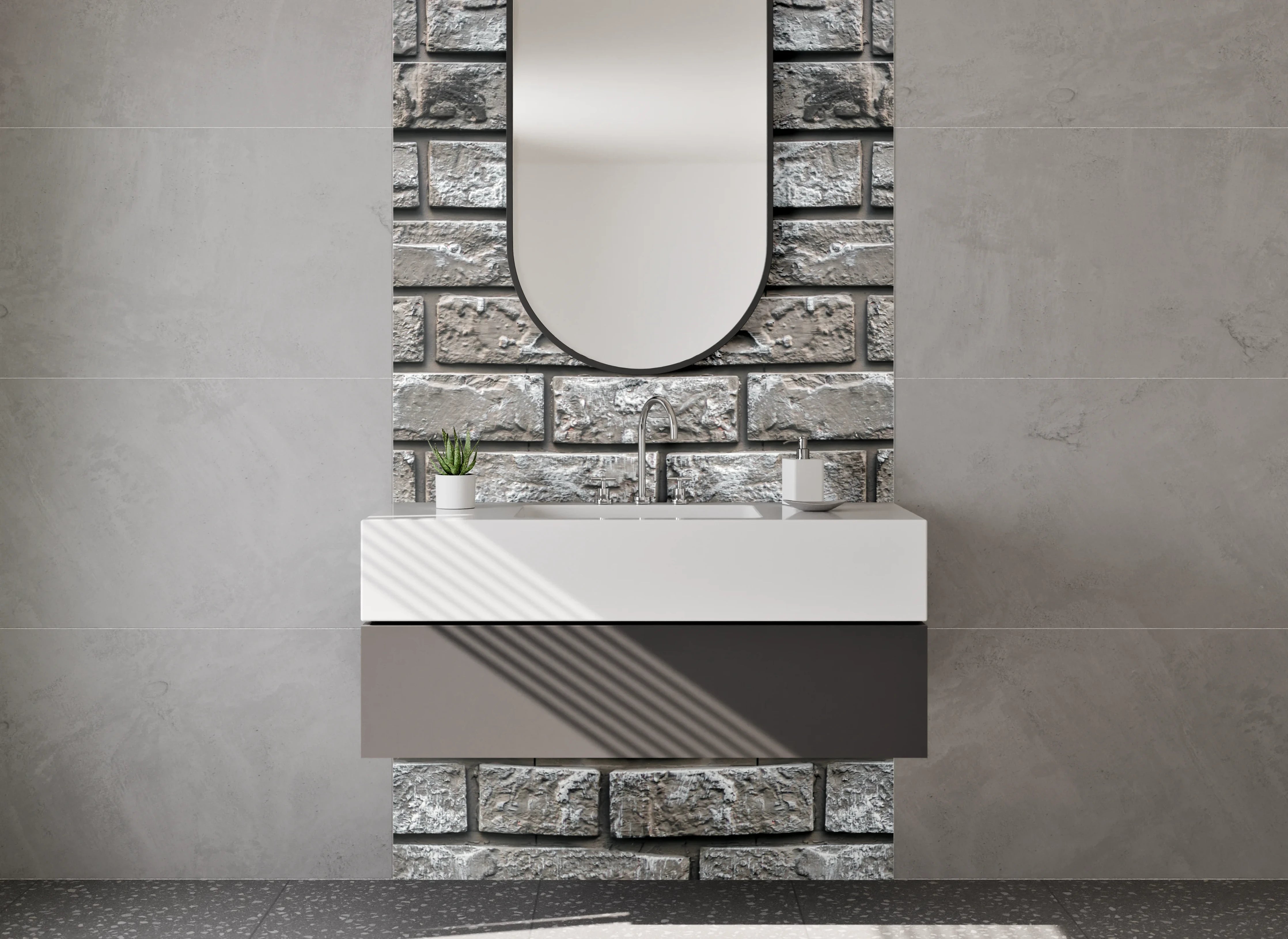 Waschbecken-Rückwand - Moderne Steinziegel-Optik Grau Weiß