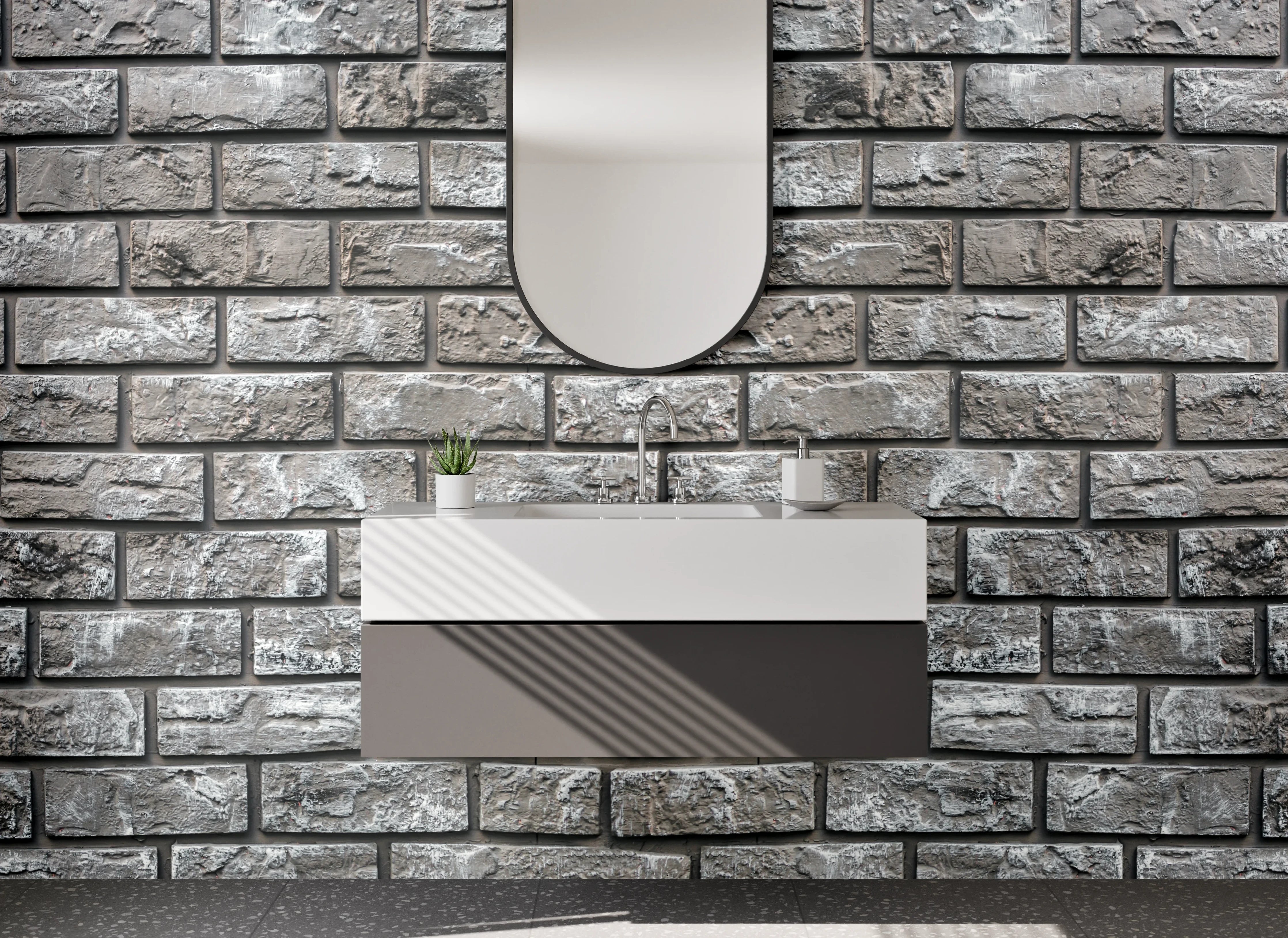 Waschbecken-Rückwand - Moderne Steinziegel-Optik Grau Weiß