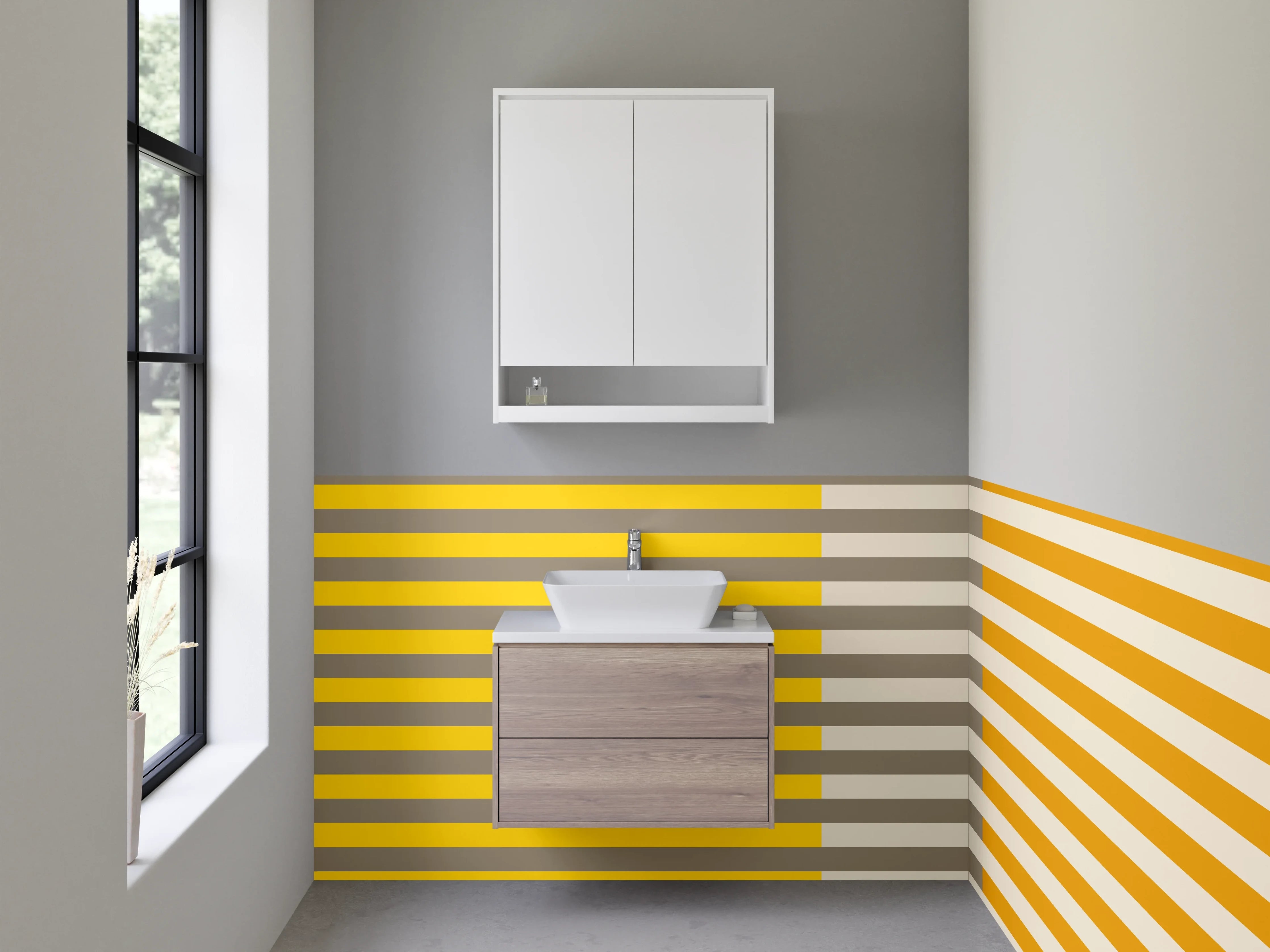 Waschbecken-Rückwand - Moderne Streifenmuster in Gelb, Grau und Orange