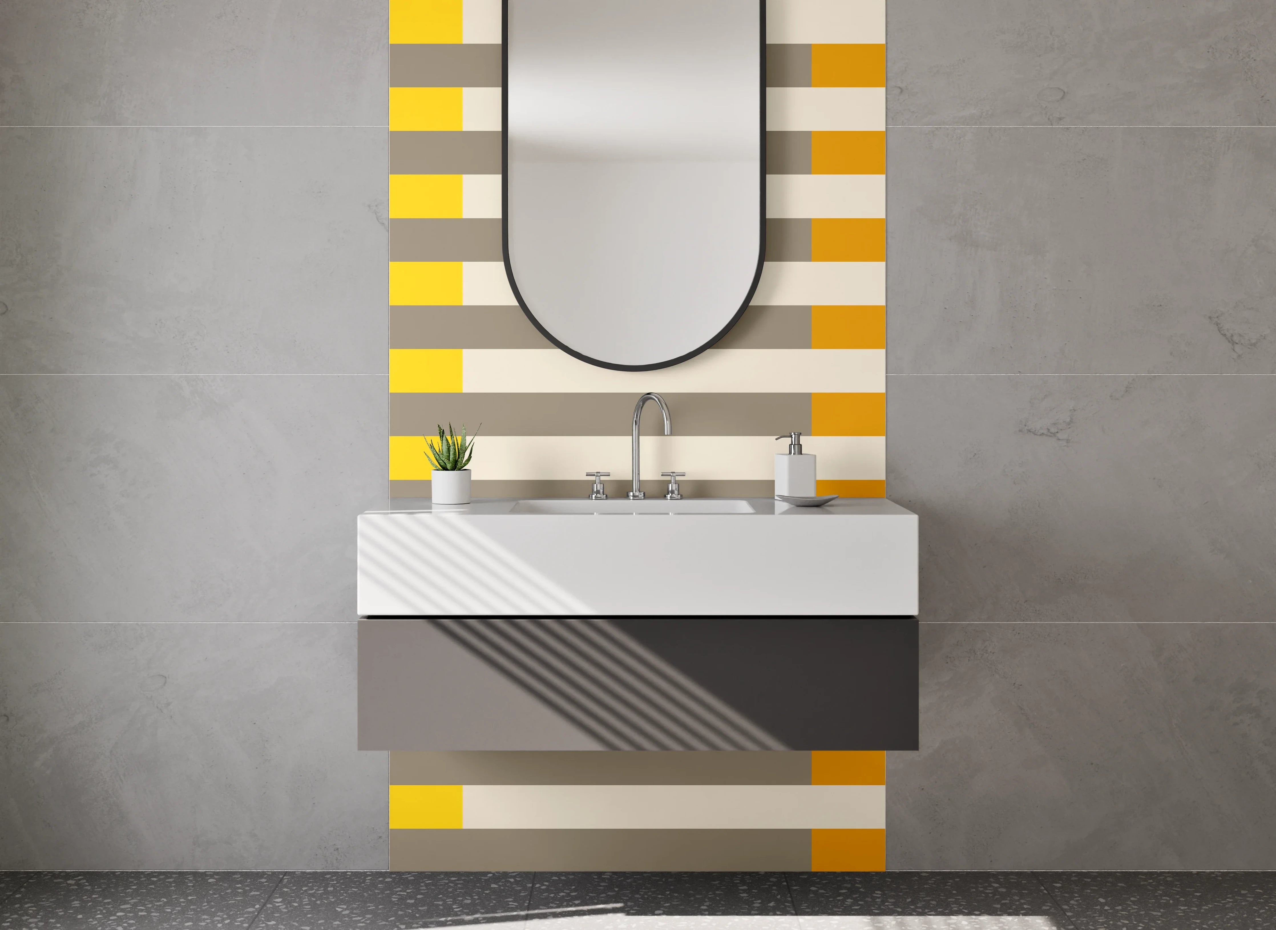 Waschbecken-Rückwand - Moderne Streifenmuster in Gelb, Grau und Orange