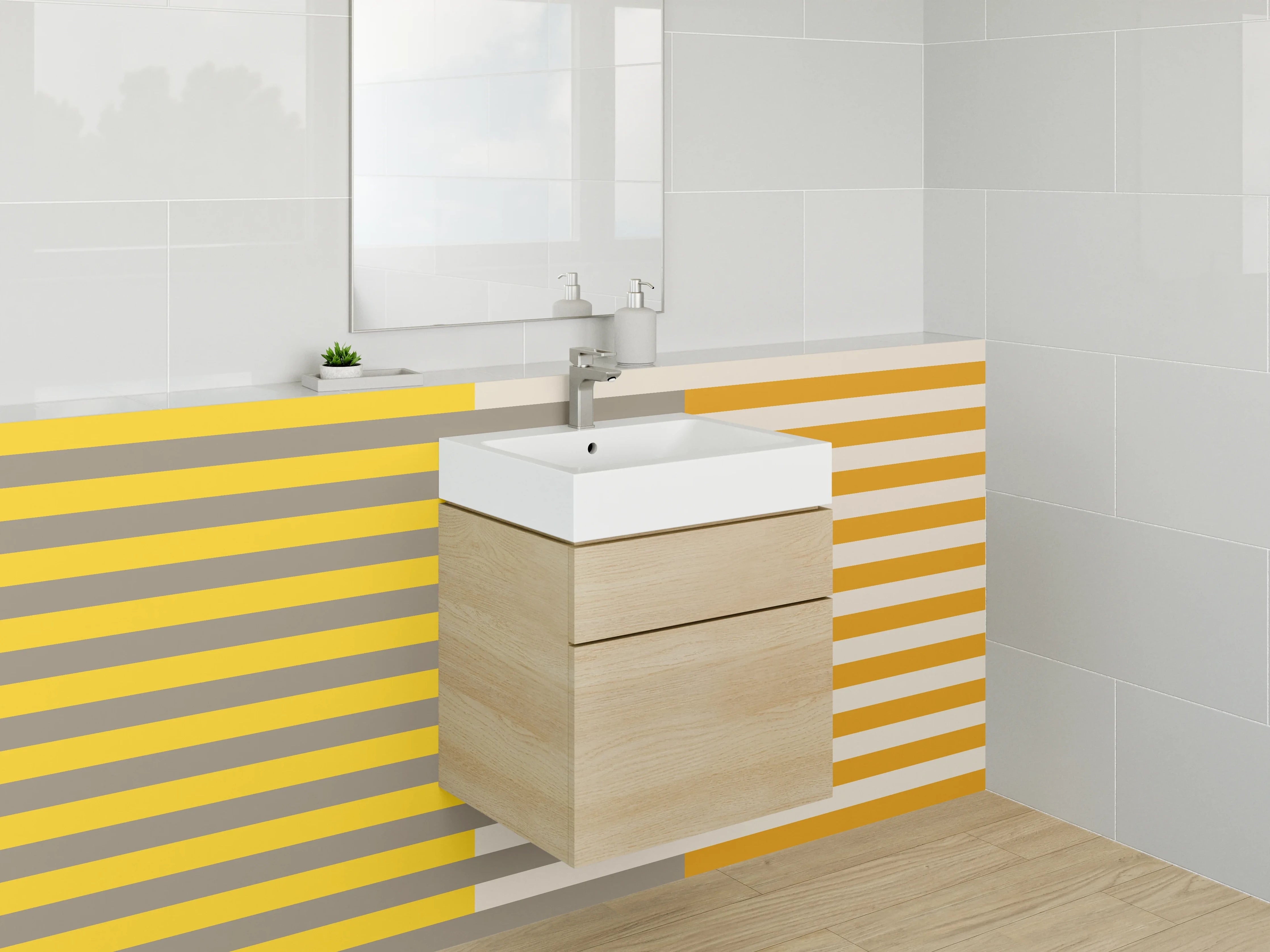 Waschbecken-Rückwand - Moderne Streifenmuster in Gelb, Grau und Orange