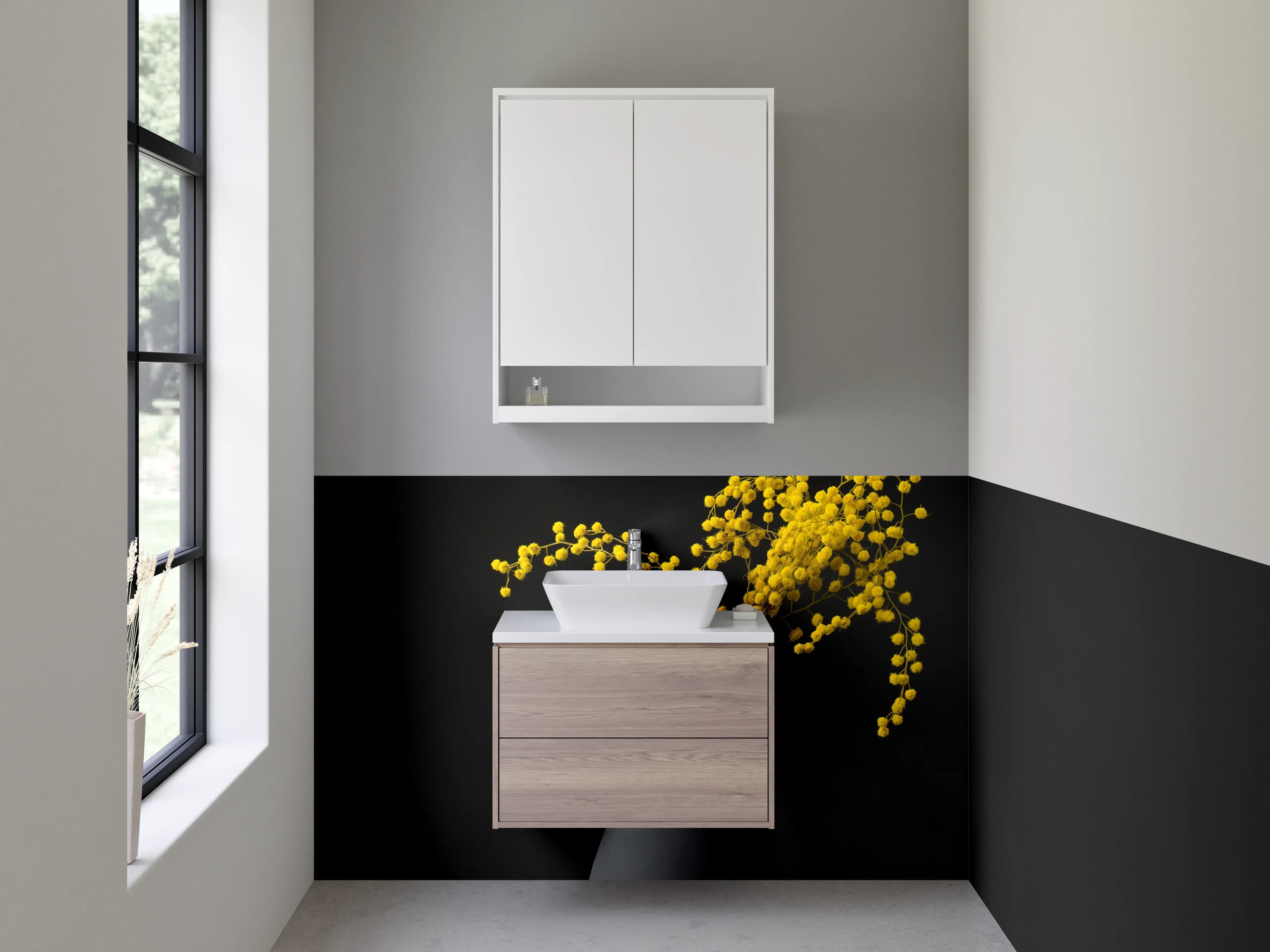 Waschbecken-Rückwand - Moderne Vase mit Mimosenzweig Stillleben