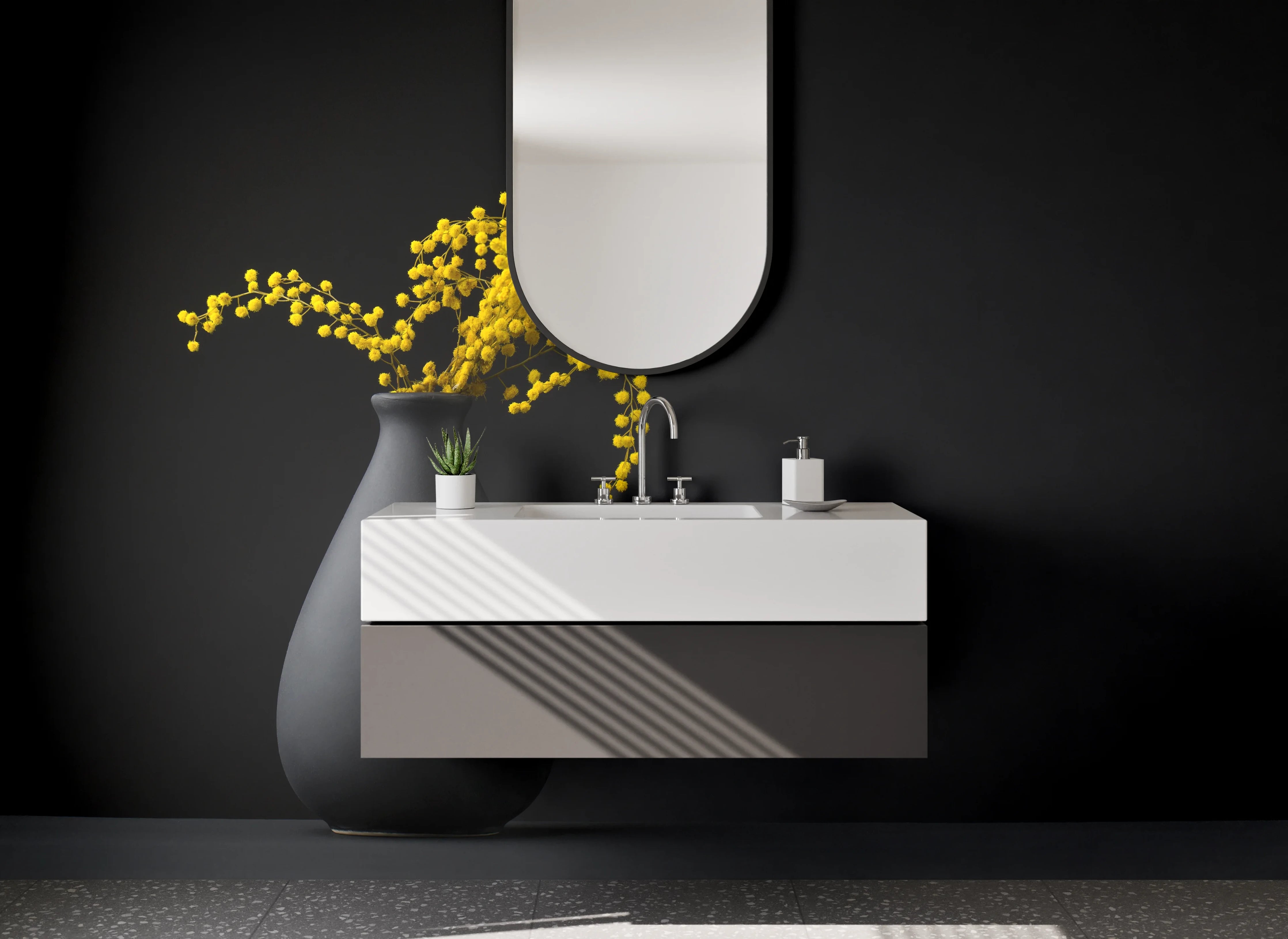 Waschbecken-Rückwand - Moderne Vase mit Mimosenzweig Stillleben