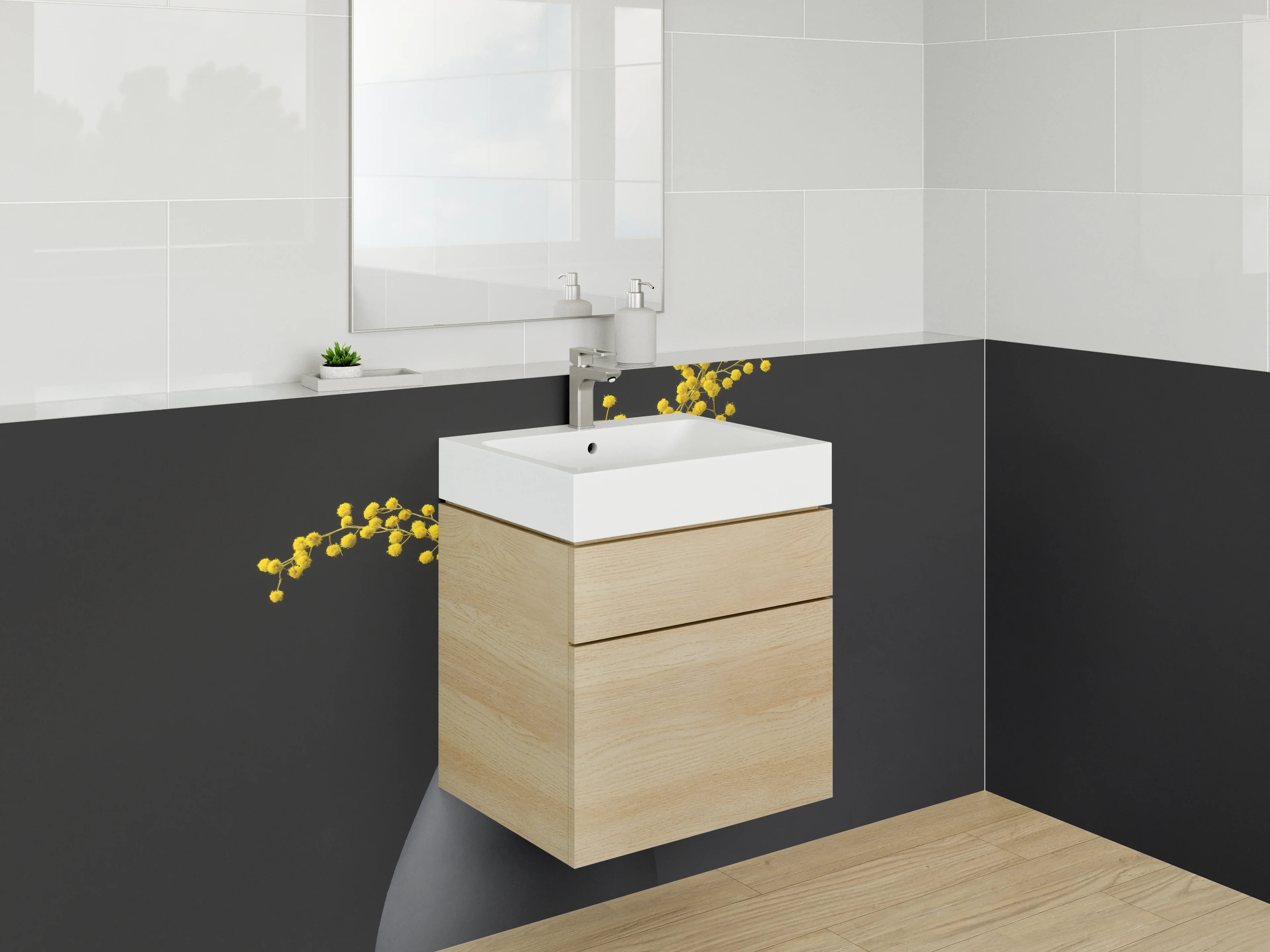 Waschbecken-Rückwand - Moderne Vase mit Mimosenzweig Stillleben