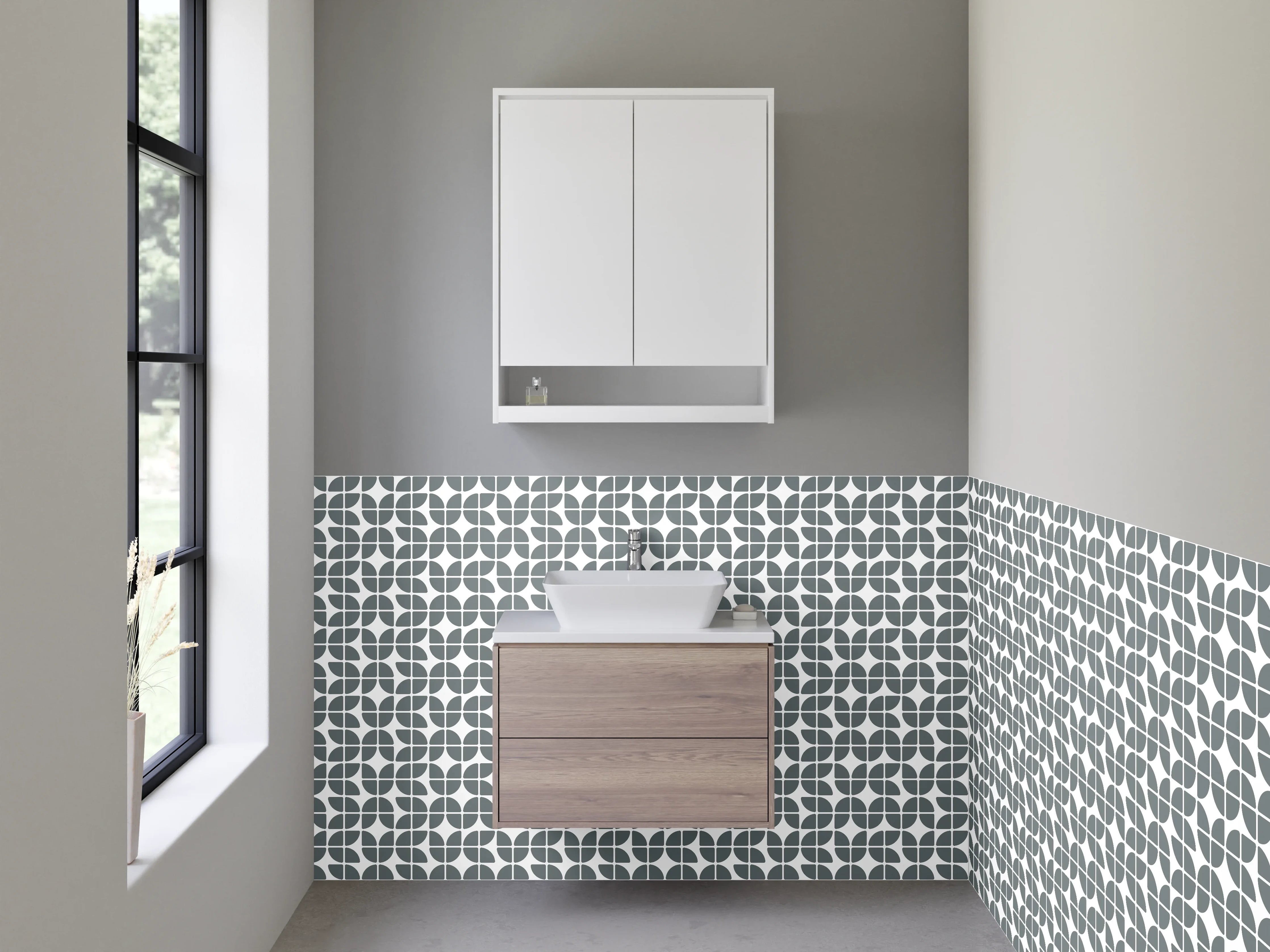 Waschbecken-Rückwand - Moderne geometrische Fliesenmuster in Grau und Weiß