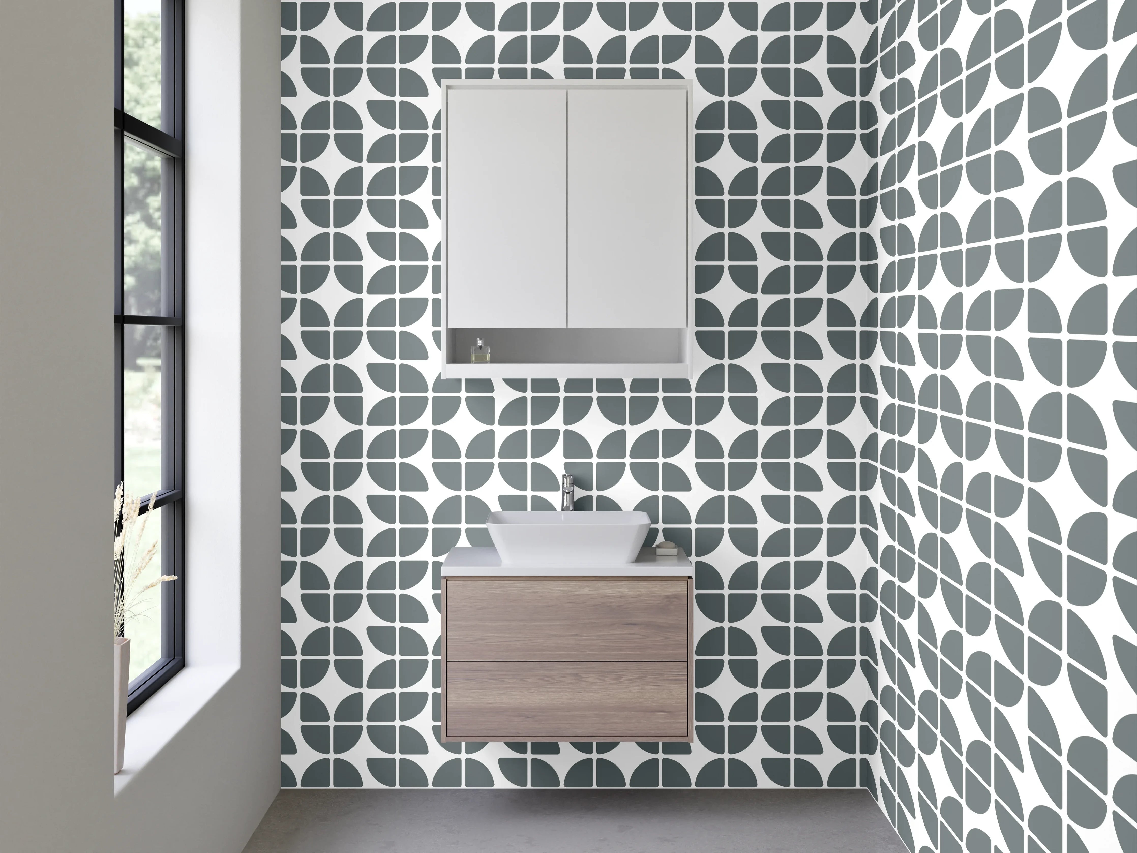 Waschbecken-Rückwand - Moderne geometrische Fliesenmuster in Grau und Weiß