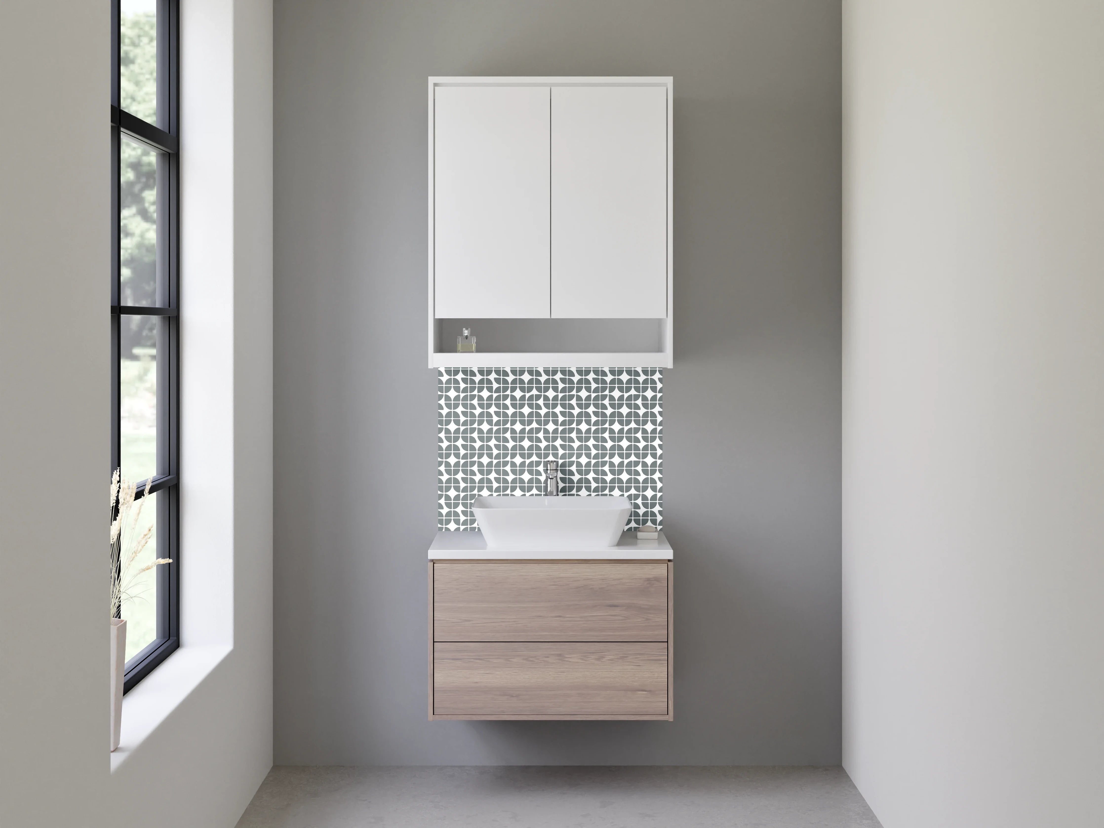 Waschbecken-Rückwand - Moderne geometrische Fliesenmuster in Grau und Weiß