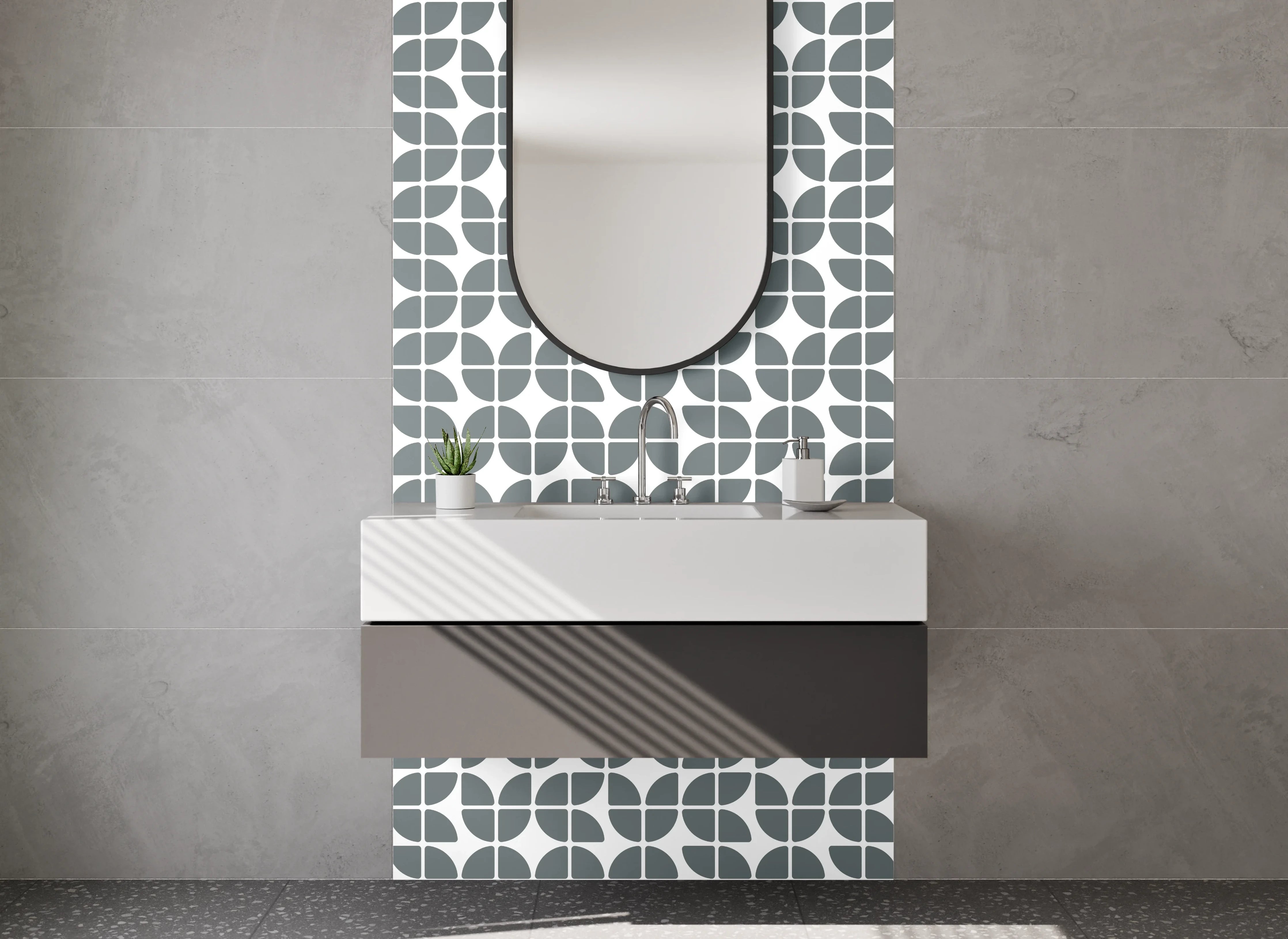 Waschbecken-Rückwand - Moderne geometrische Fliesenmuster in Grau und Weiß