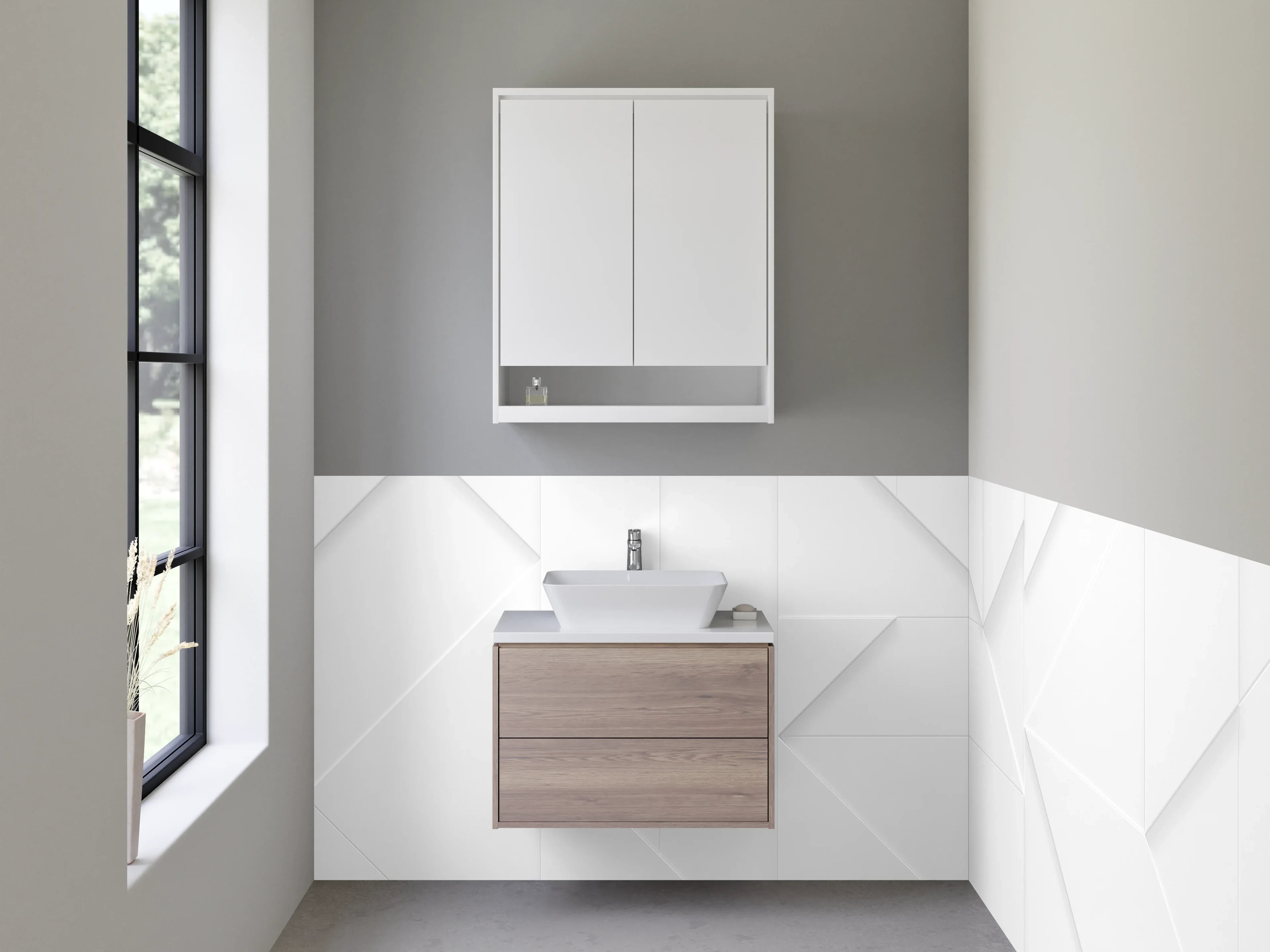 Waschbecken-Rückwand - Moderne geometrische Fliesenoptik Weiß Grau