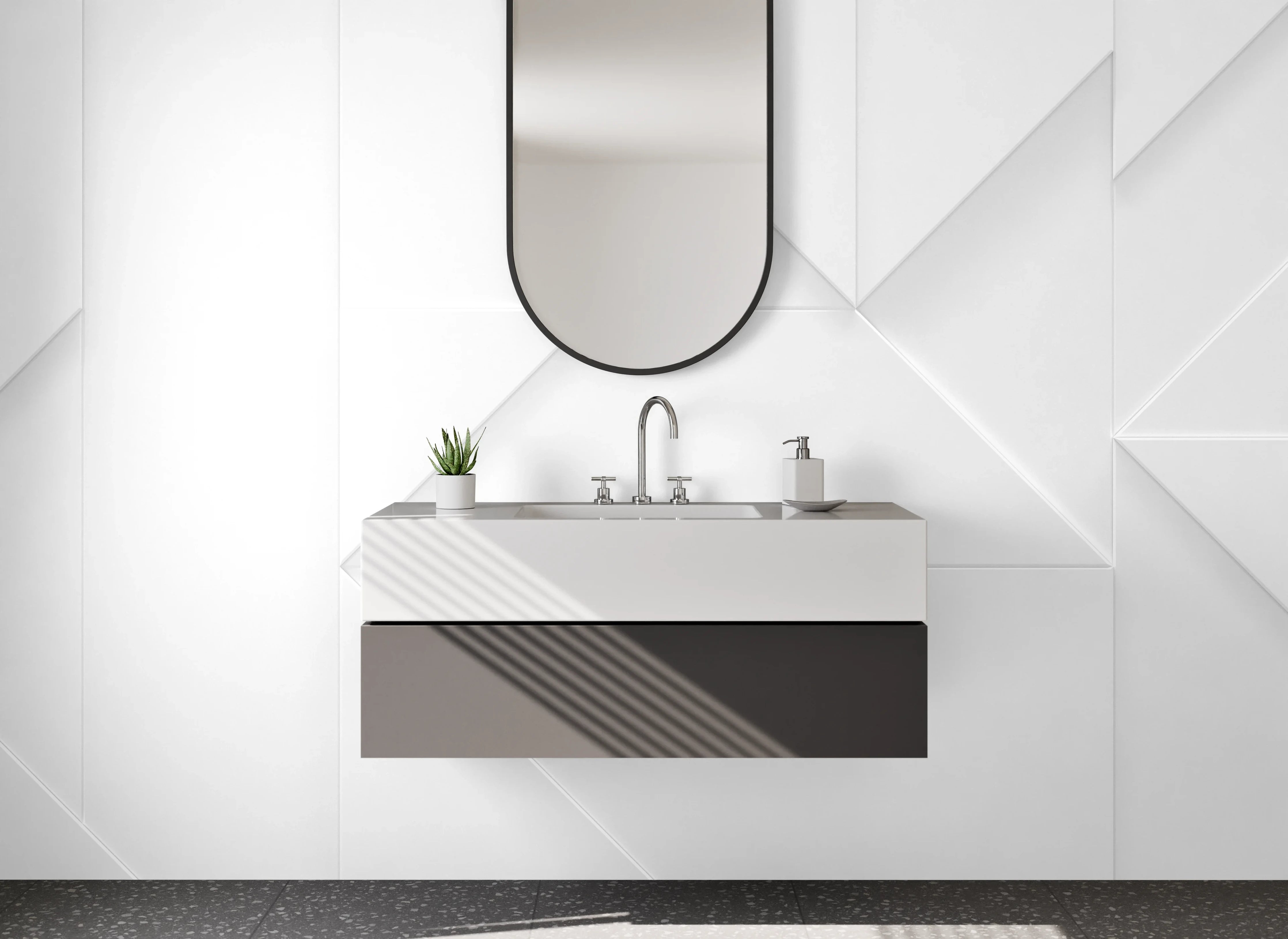 Waschbecken-Rückwand - Moderne geometrische Fliesenoptik Weiß Grau