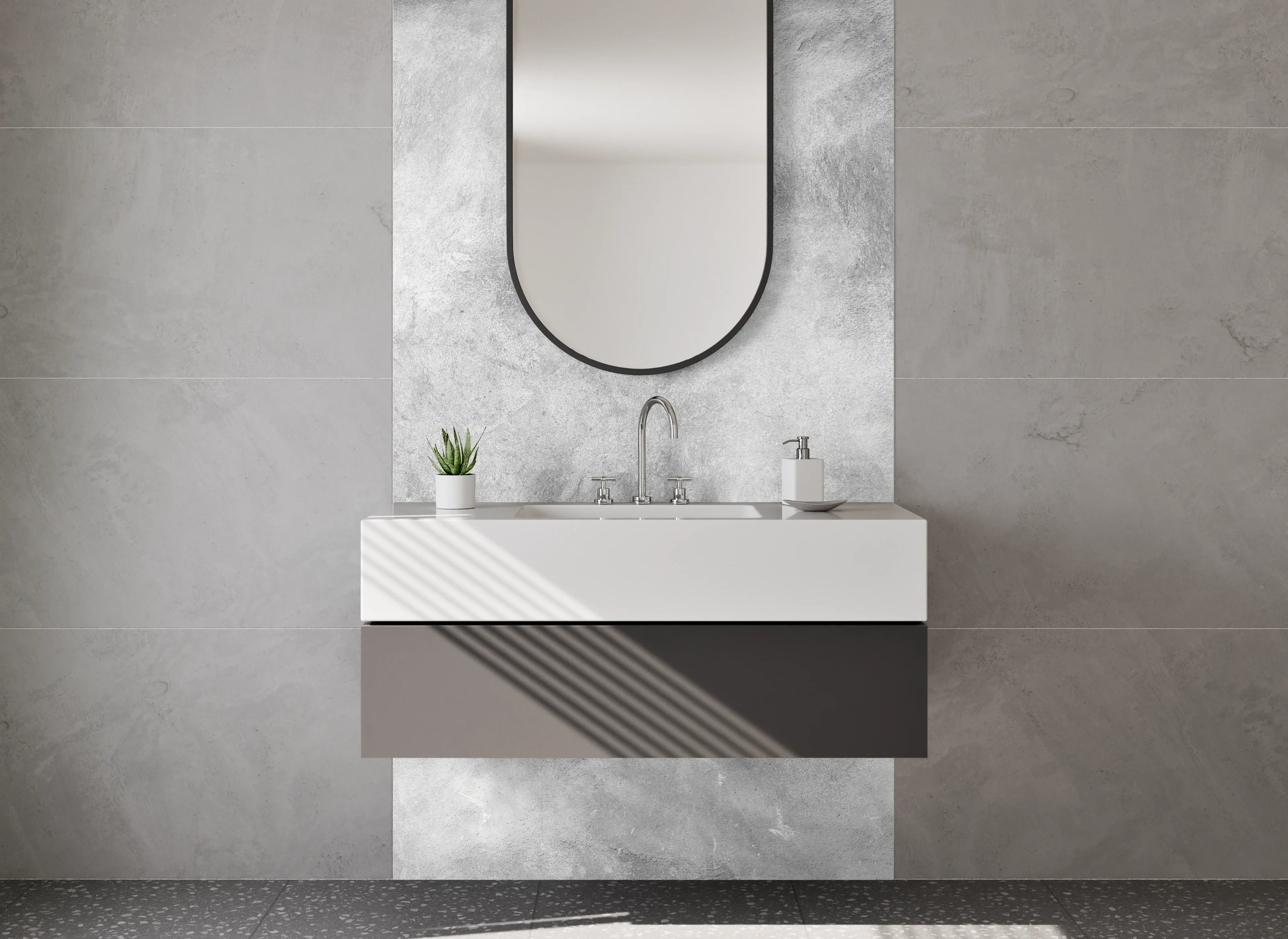 Waschbecken-Rückwand - Moderne graue Betonwand mit strukturierter Oberfläche