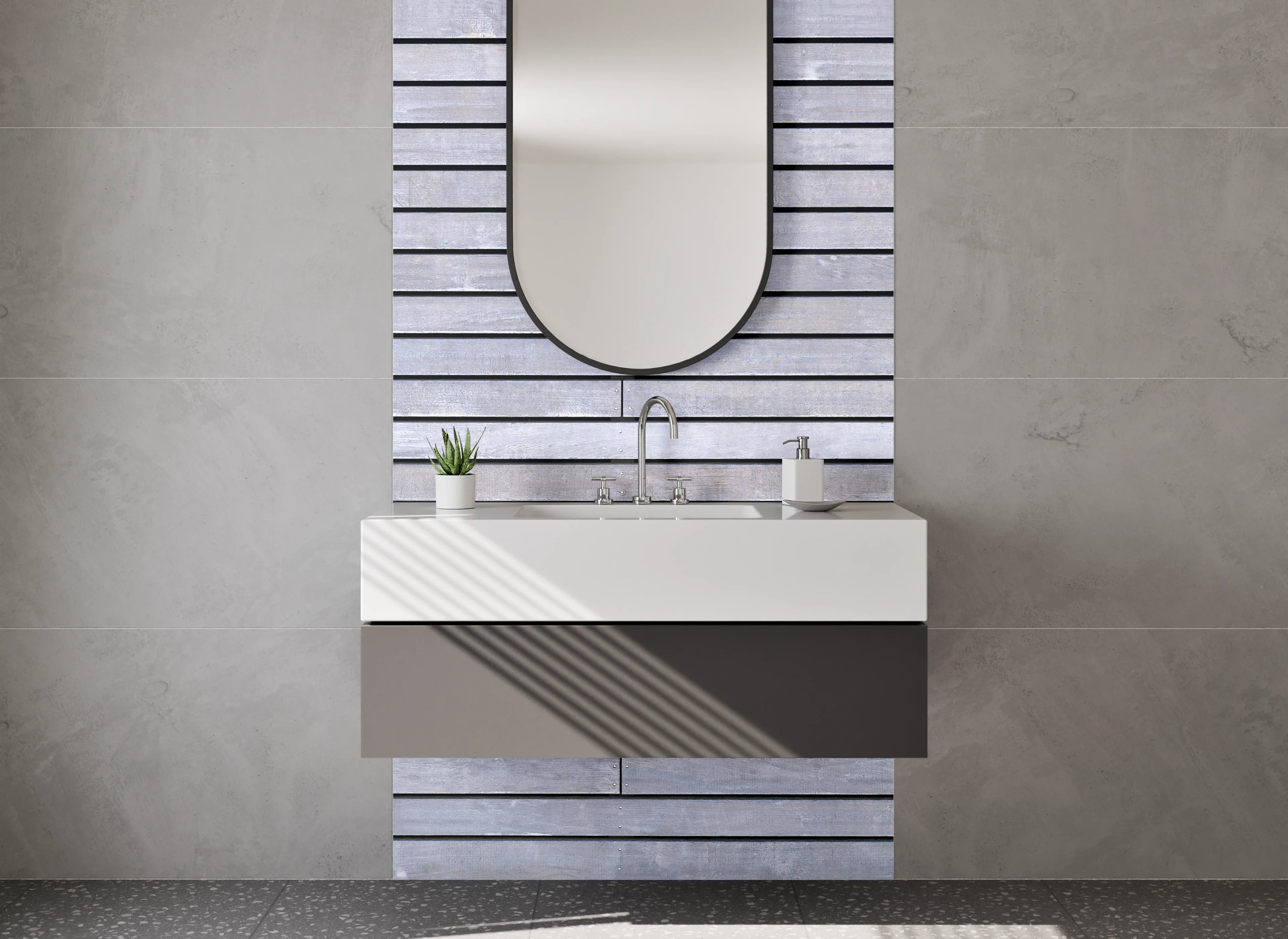 Waschbecken-Rückwand - Moderne graue Fliesen-Optik Wand