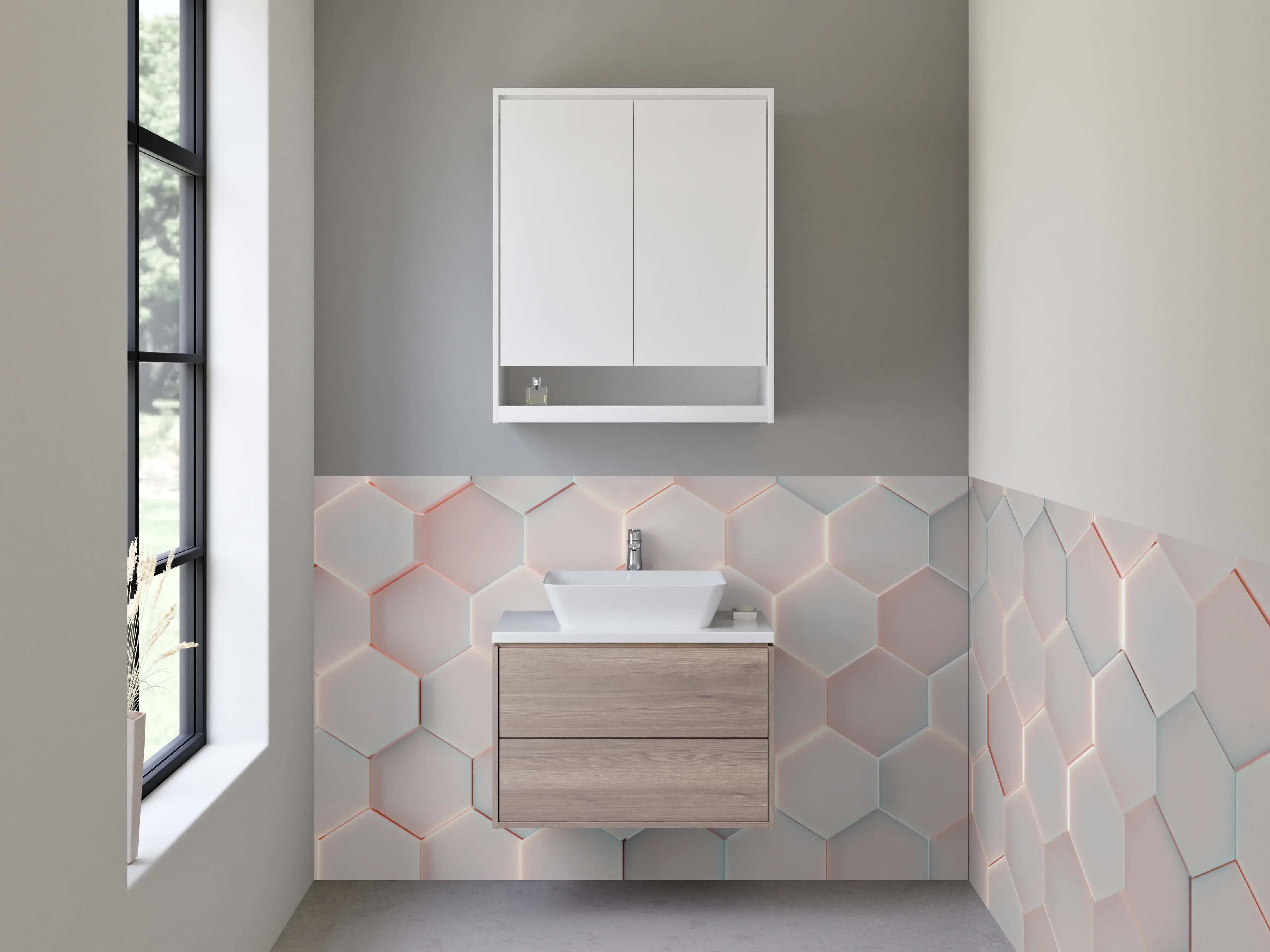 Waschbecken-Rückwand - Moderne weiße 3D-Wandfliesen mit rotem Akzent