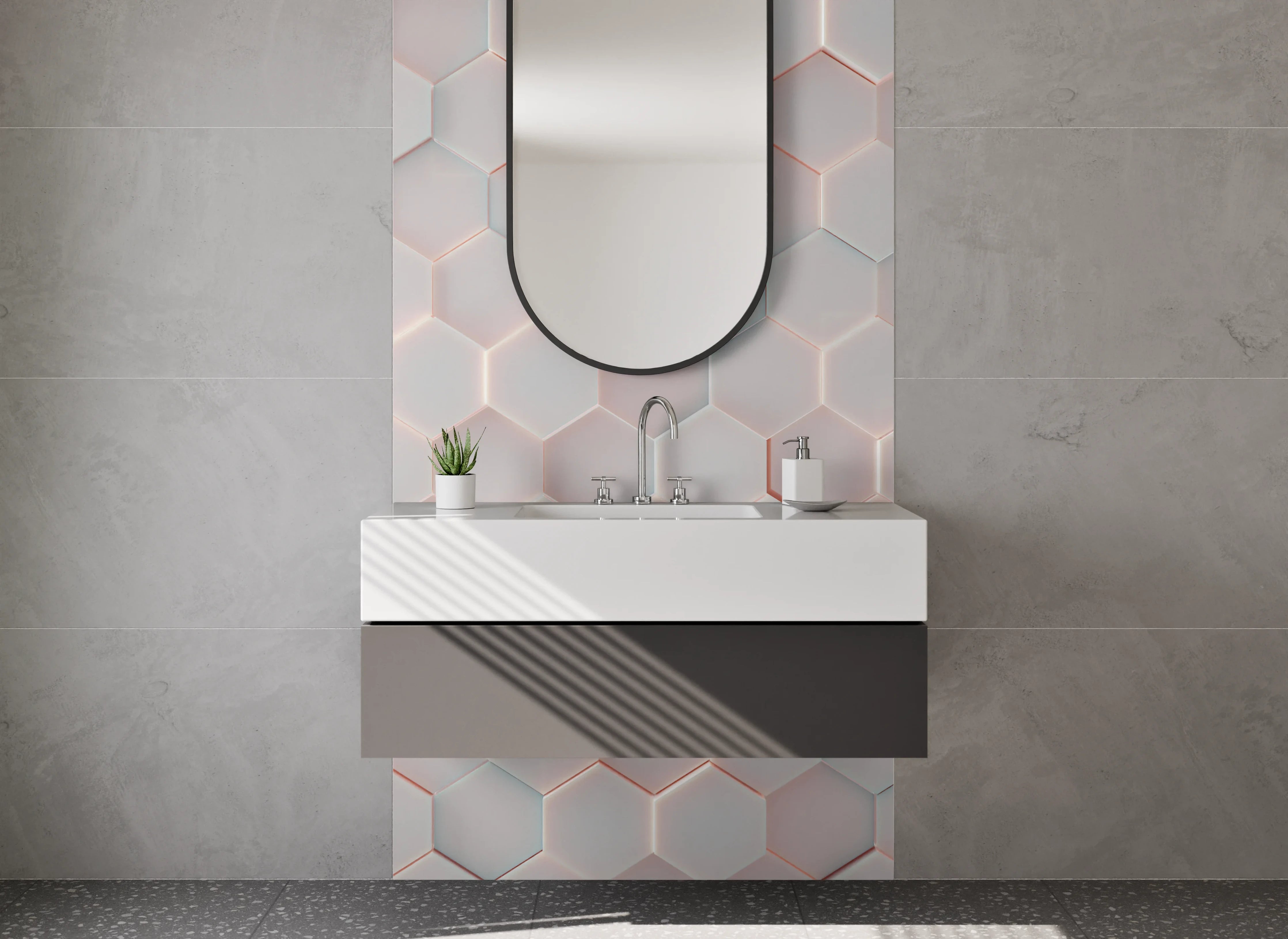 Waschbecken-Rückwand - Moderne weiße 3D-Wandfliesen mit rotem Akzent