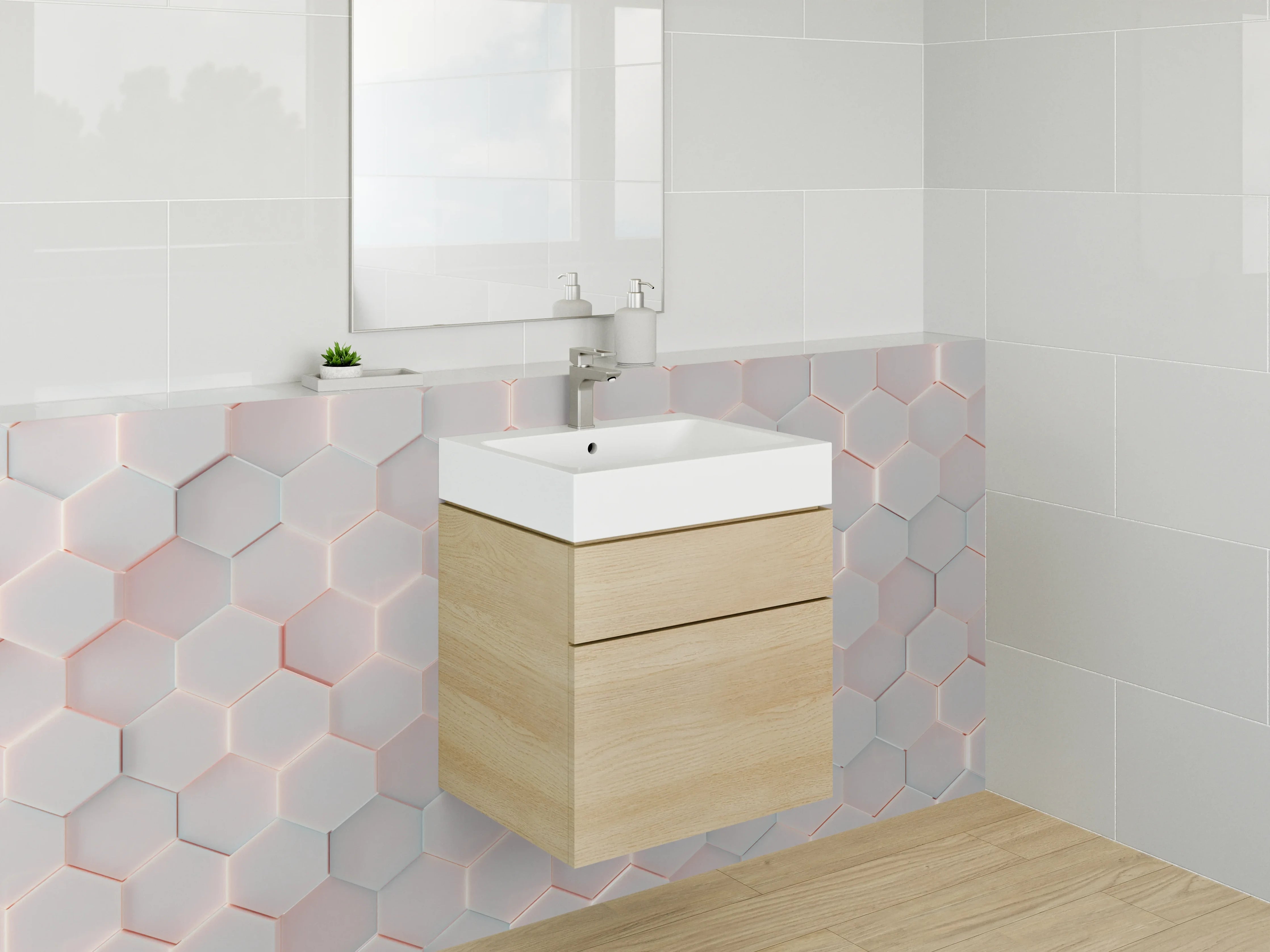 Waschbecken-Rückwand - Moderne weiße 3D-Wandfliesen mit rotem Akzent