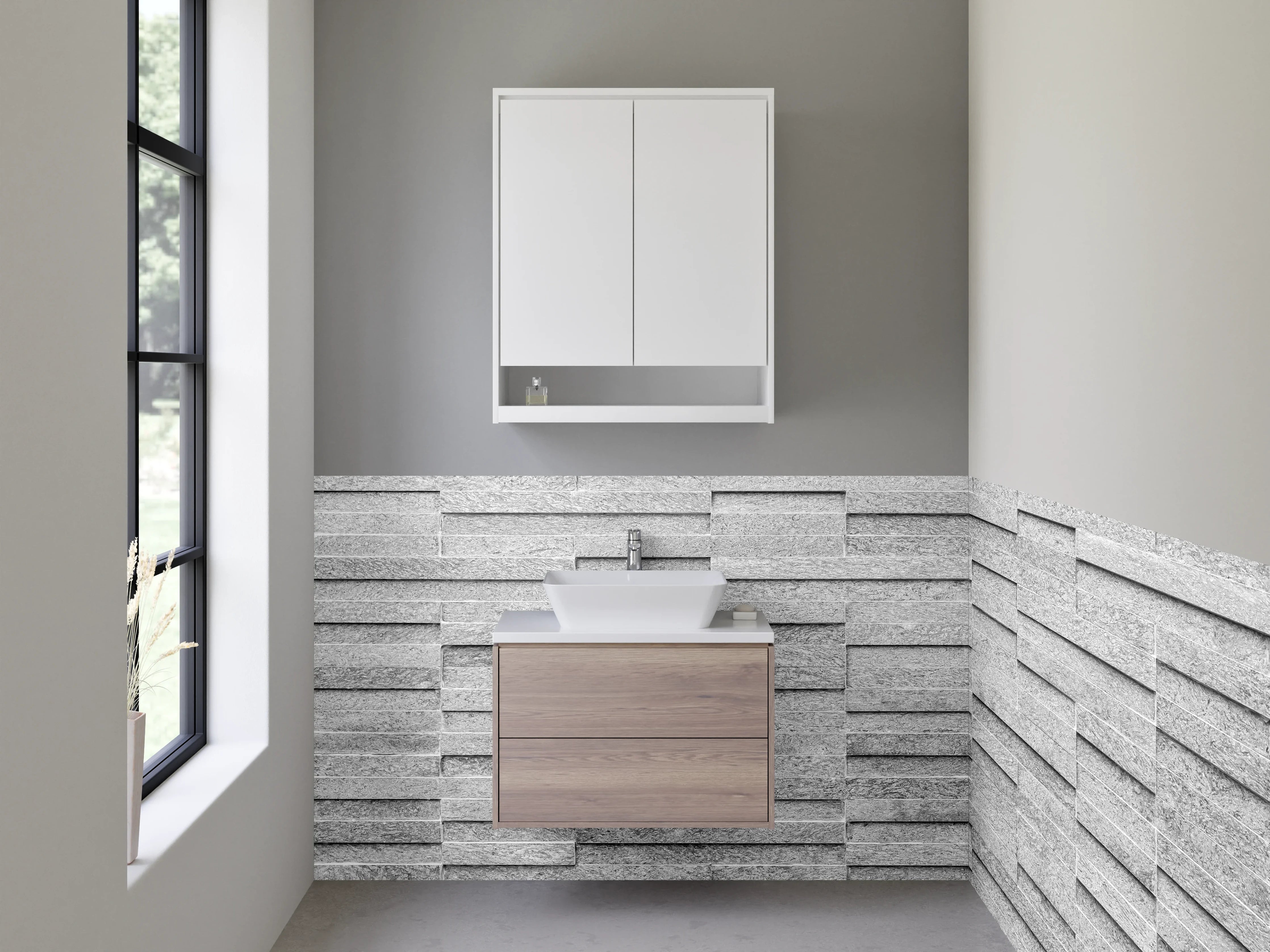 Waschbecken-Rückwand - Moderne weiße Steinoptik Fliesenwand