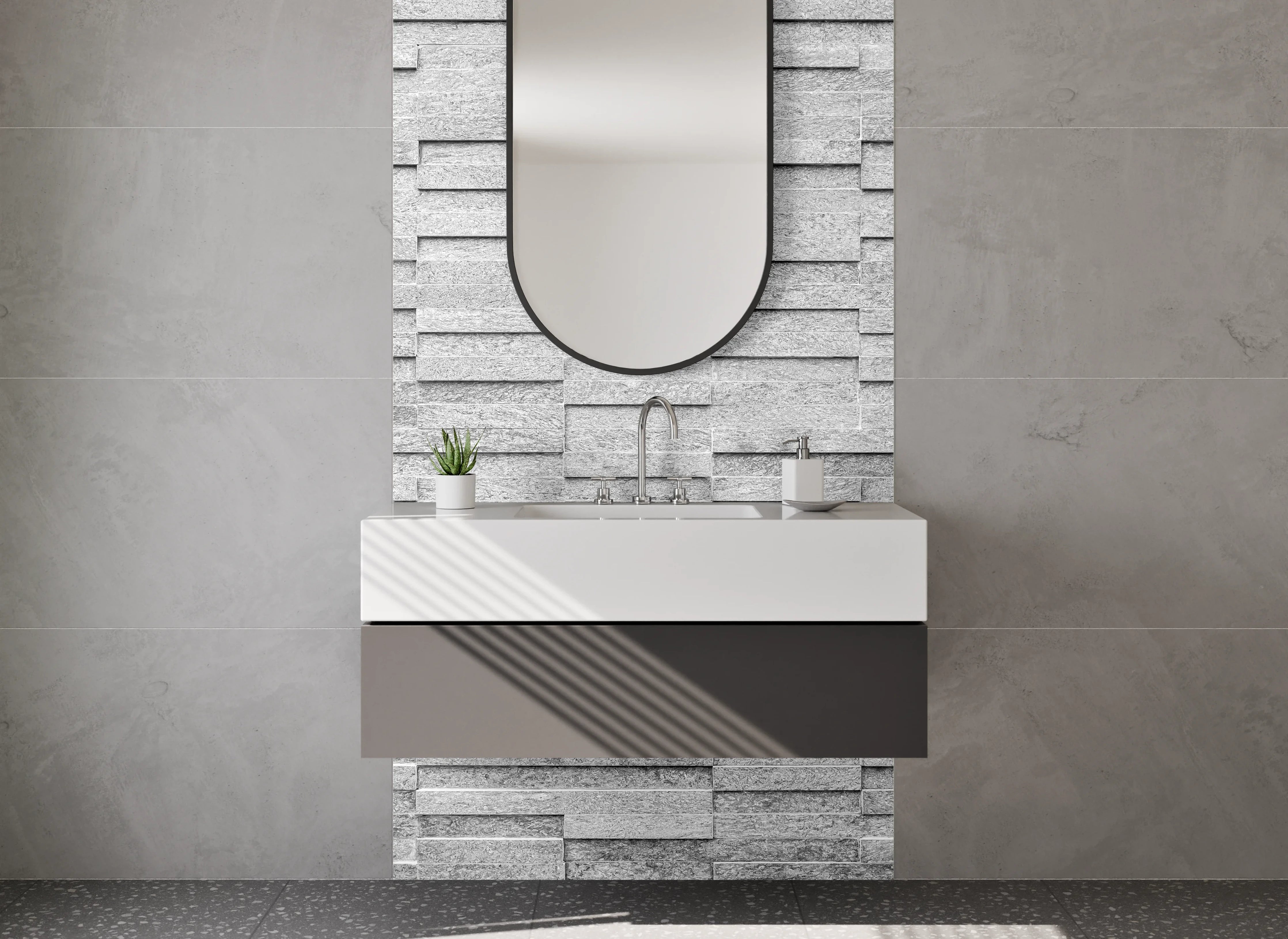 Waschbecken-Rückwand - Moderne weiße Steinoptik Fliesenwand