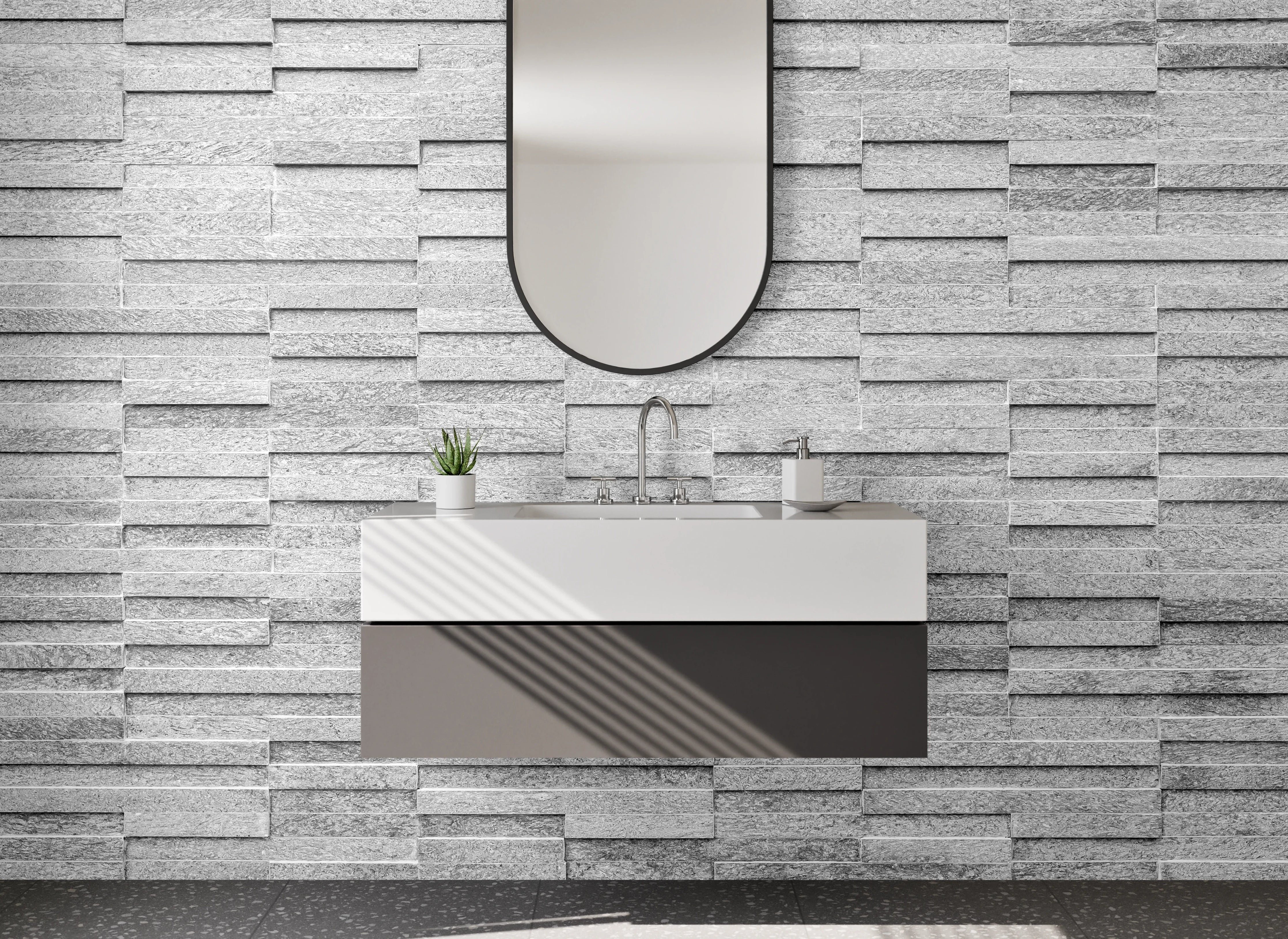 Waschbecken-Rückwand - Moderne weiße Steinoptik Fliesenwand