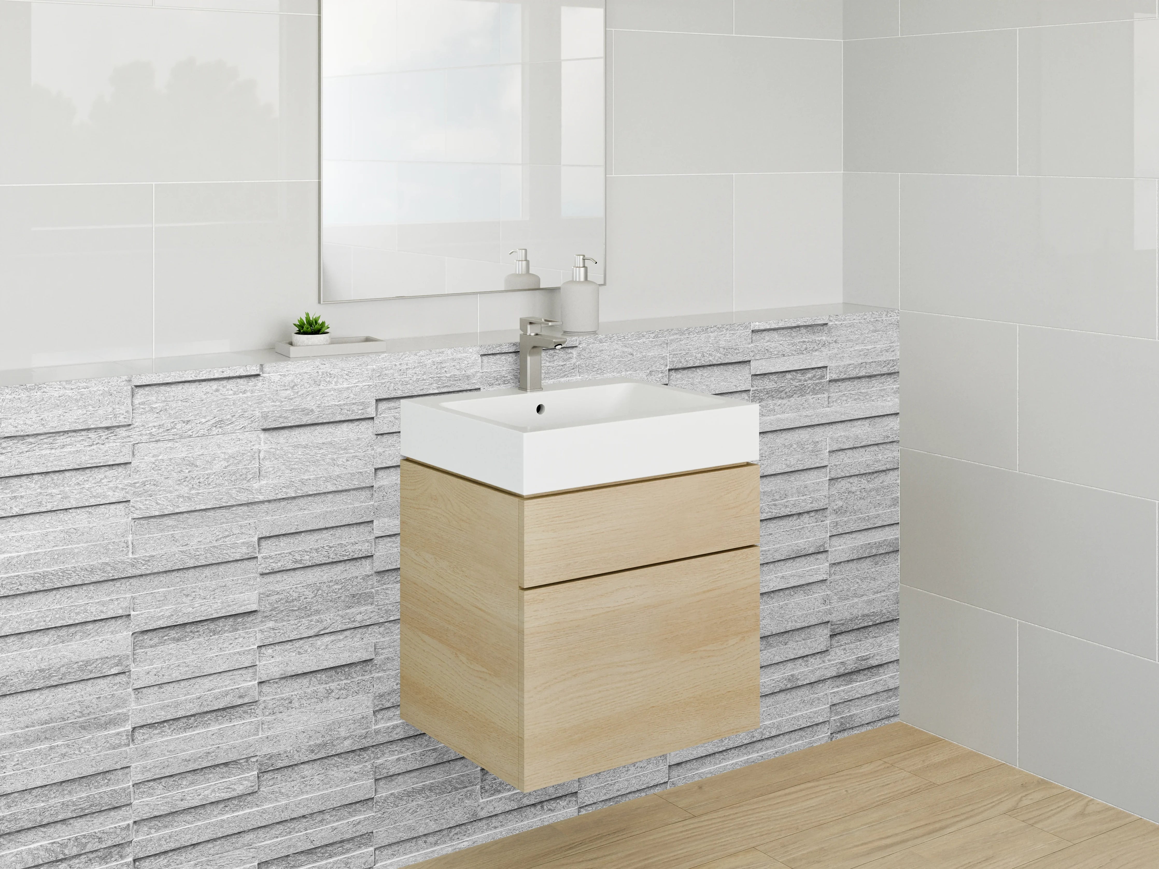 Waschbecken-Rückwand - Moderne weiße Steinoptik Fliesenwand