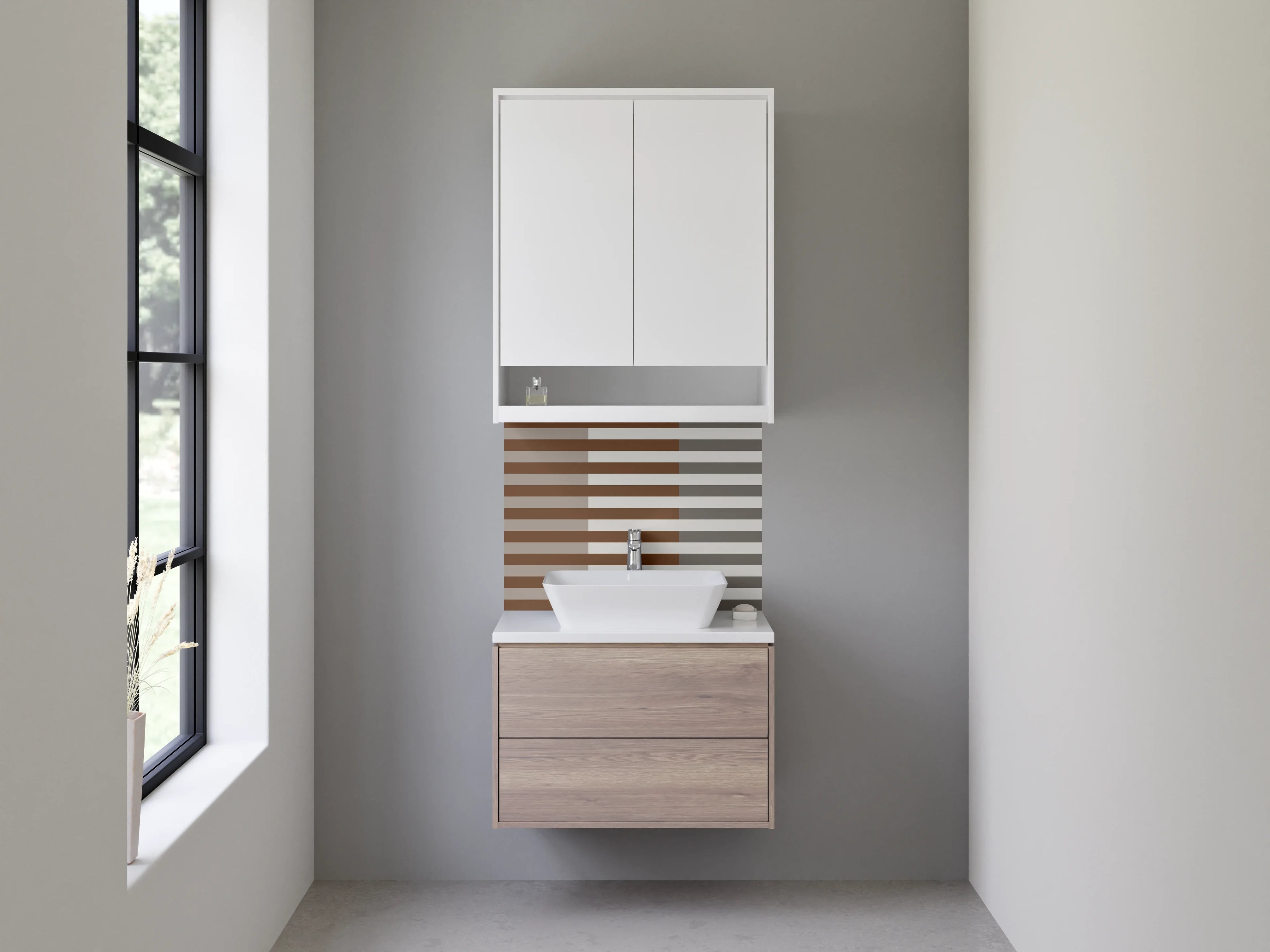 Waschbecken-Rückwand - Moderne, grafische Streifenwand in Grau-Braun