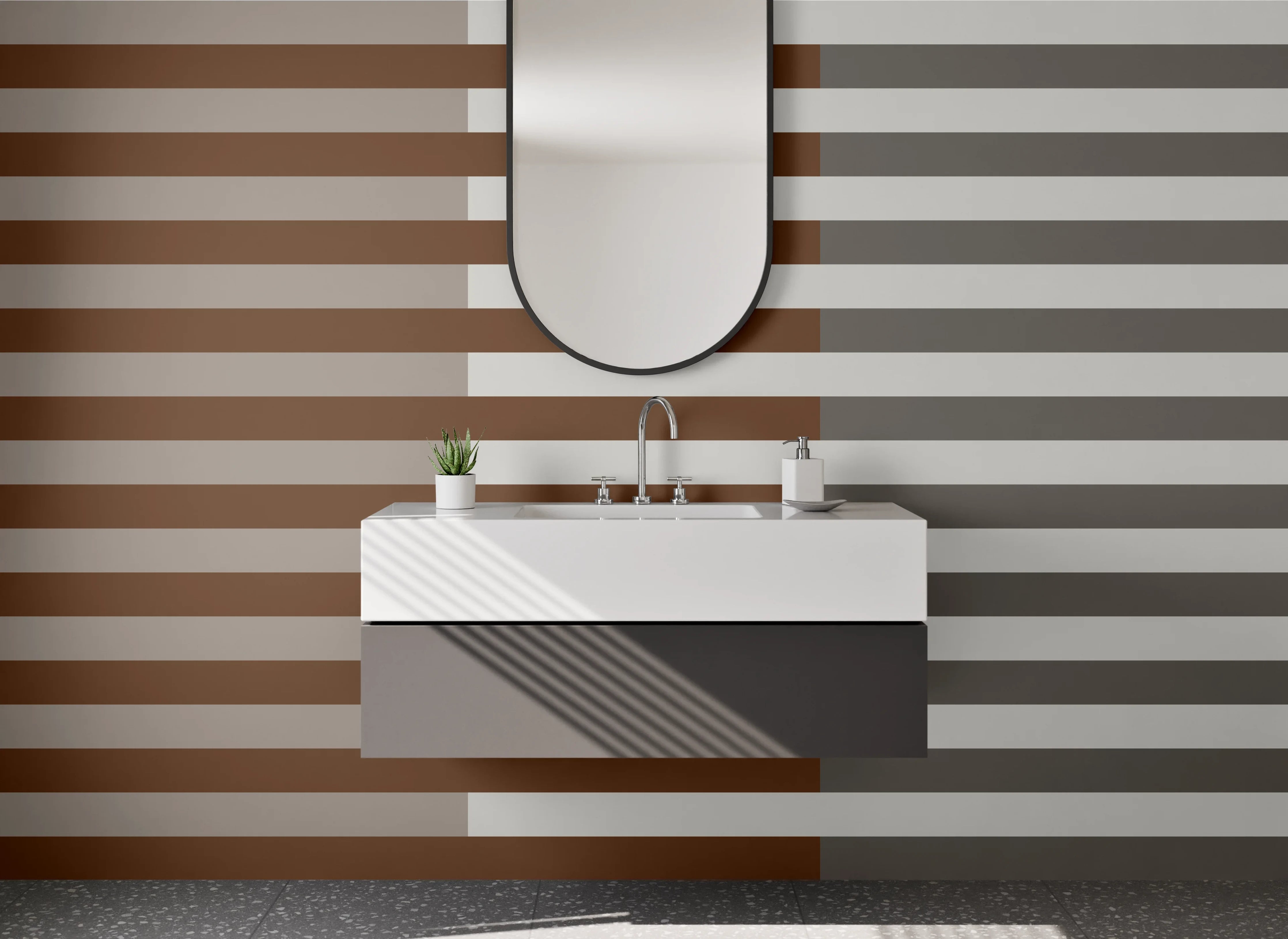 Waschbecken-Rückwand - Moderne, grafische Streifenwand in Grau-Braun
