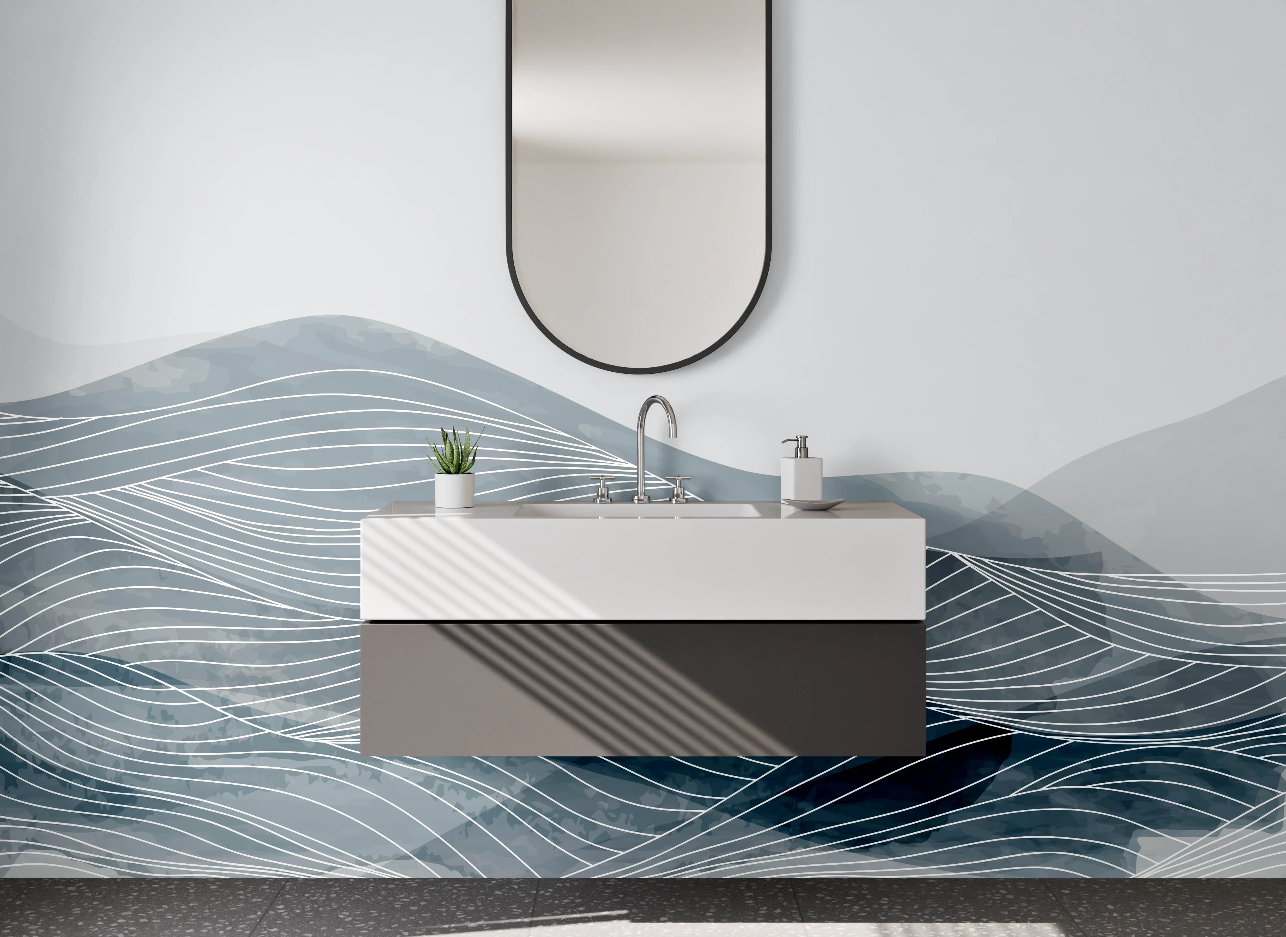 Waschbecken-Rückwand - Moderner Wellen-Design in Grau