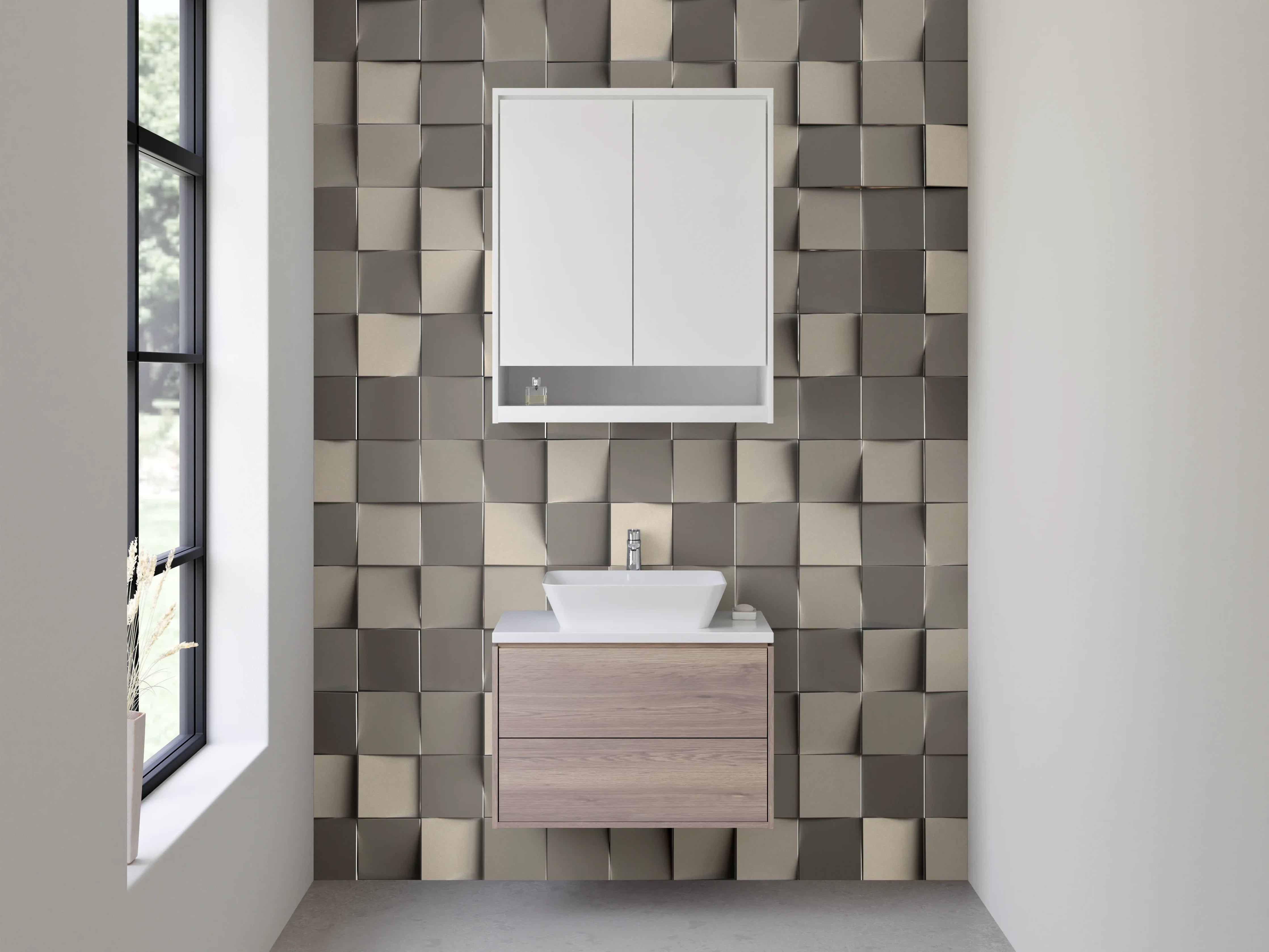 Waschbecken-Rückwand - Modernes 3D-Mosaik Grau Beige