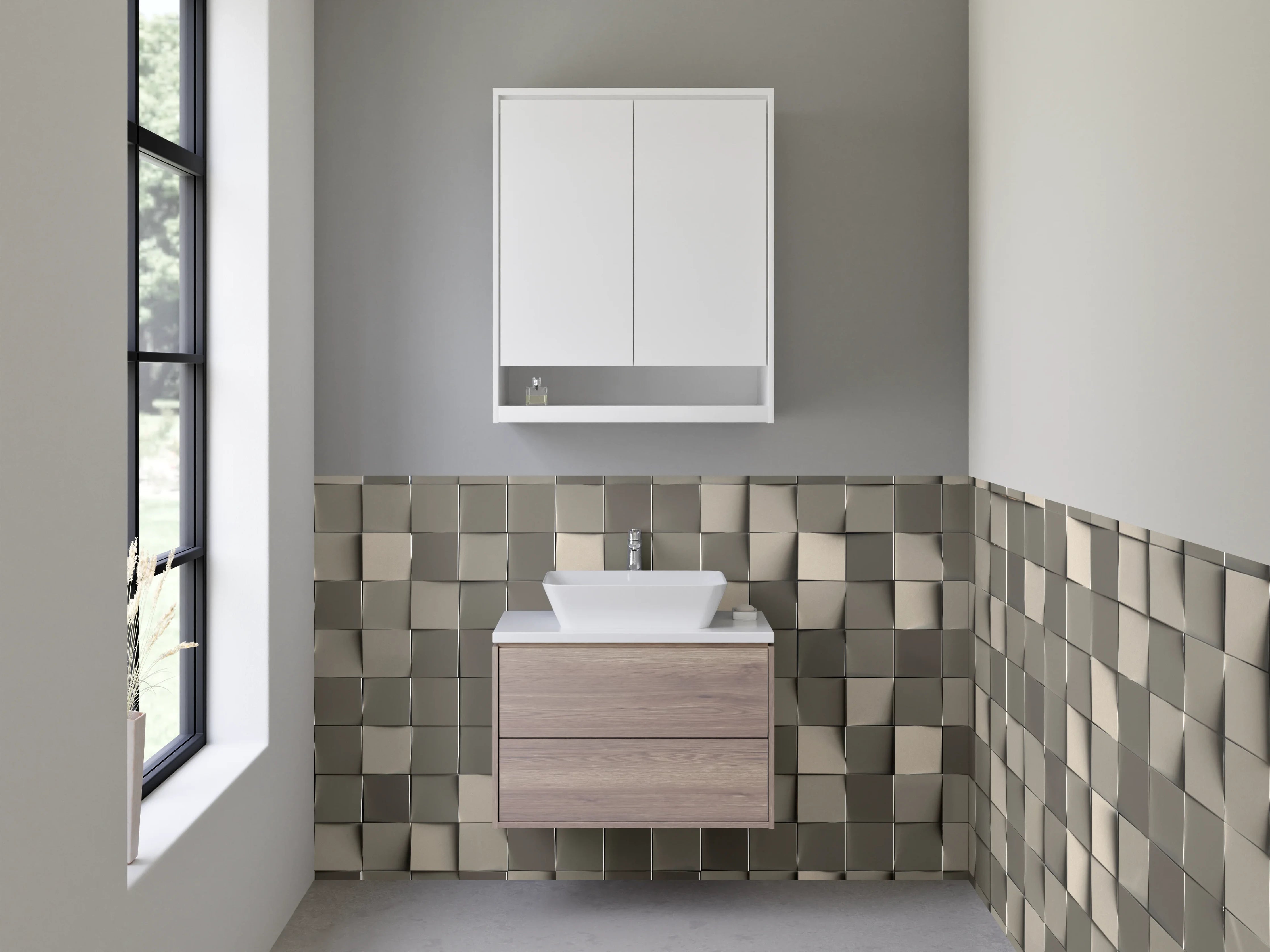 Waschbecken-Rückwand - Modernes 3D-Mosaik Grau Beige