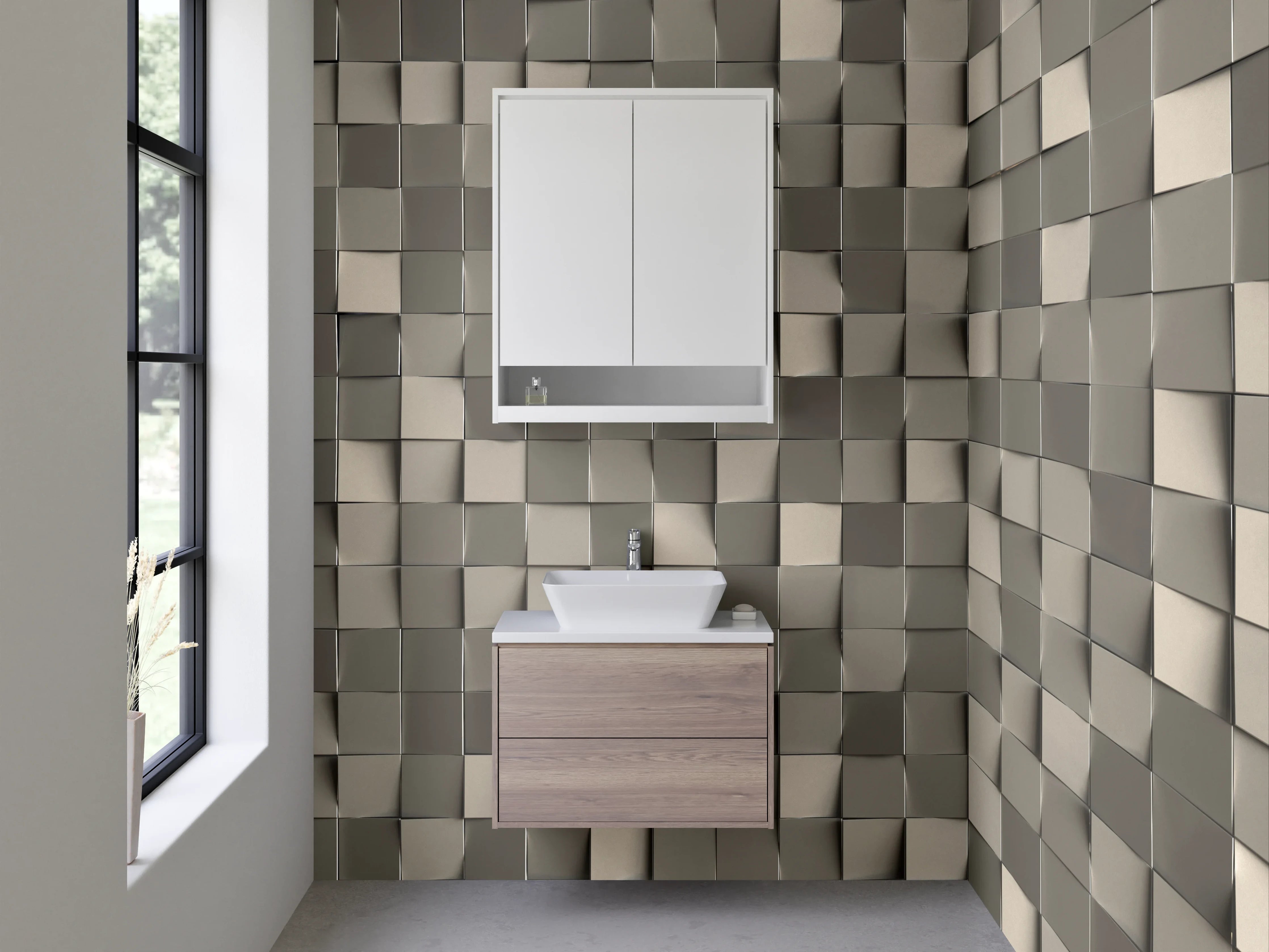 Waschbecken-Rückwand - Modernes 3D-Mosaik Grau Beige