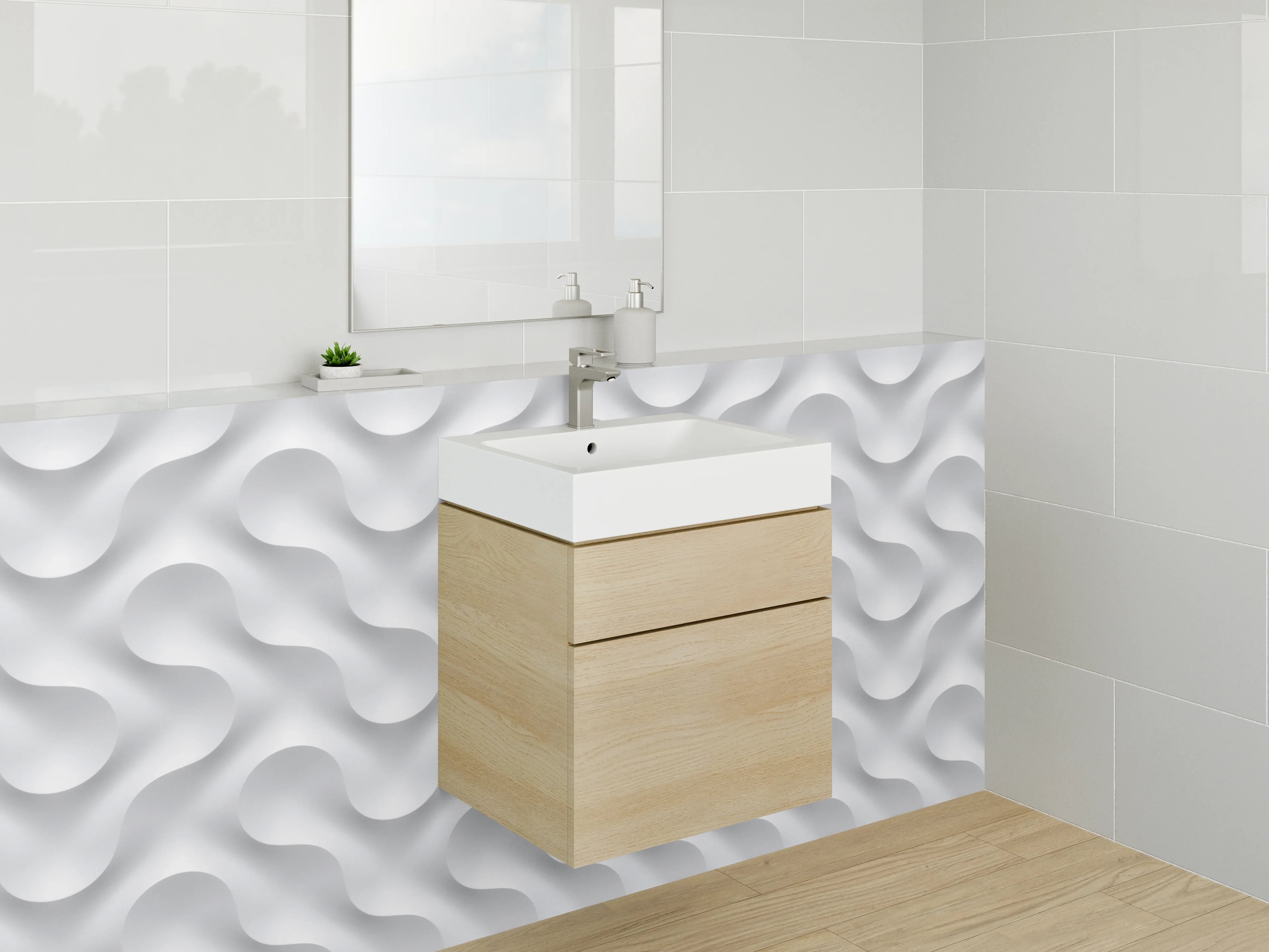 Waschbecken-Rückwand - Modernes 3D-Wellenmuster Weiß Grau