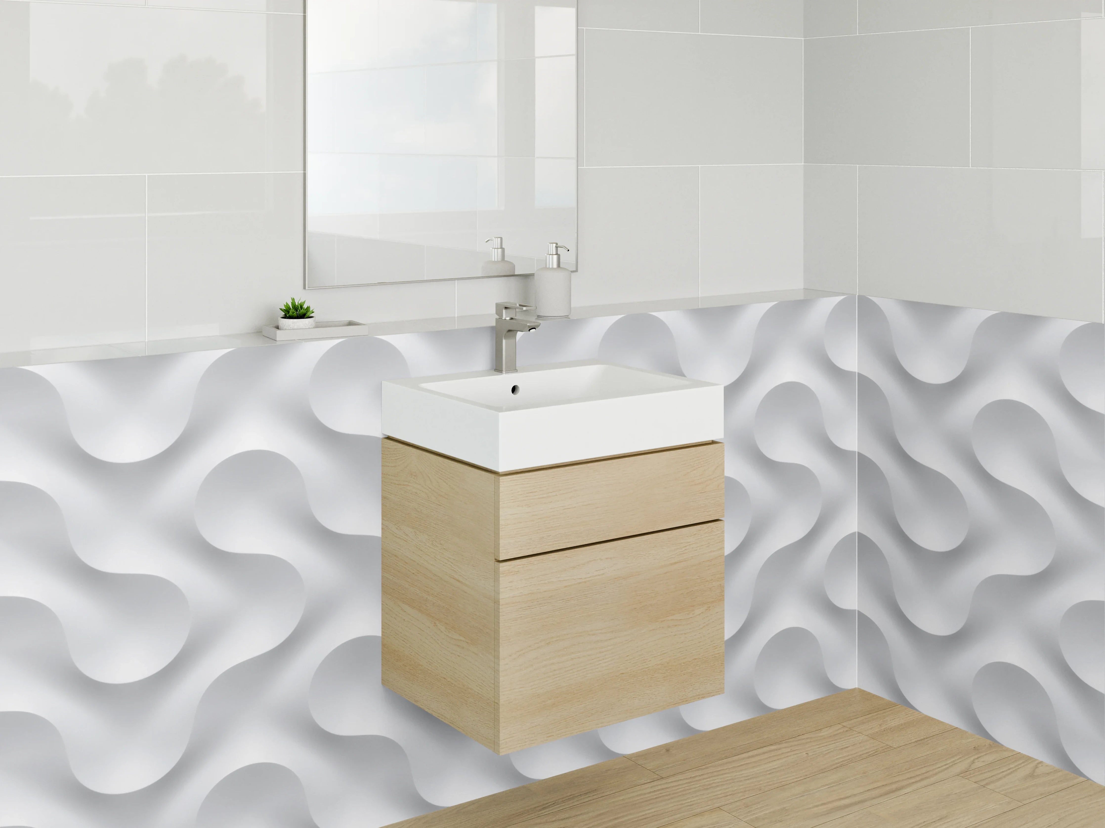 Waschbecken-Rückwand - Modernes 3D-Wellenmuster Weiß Grau