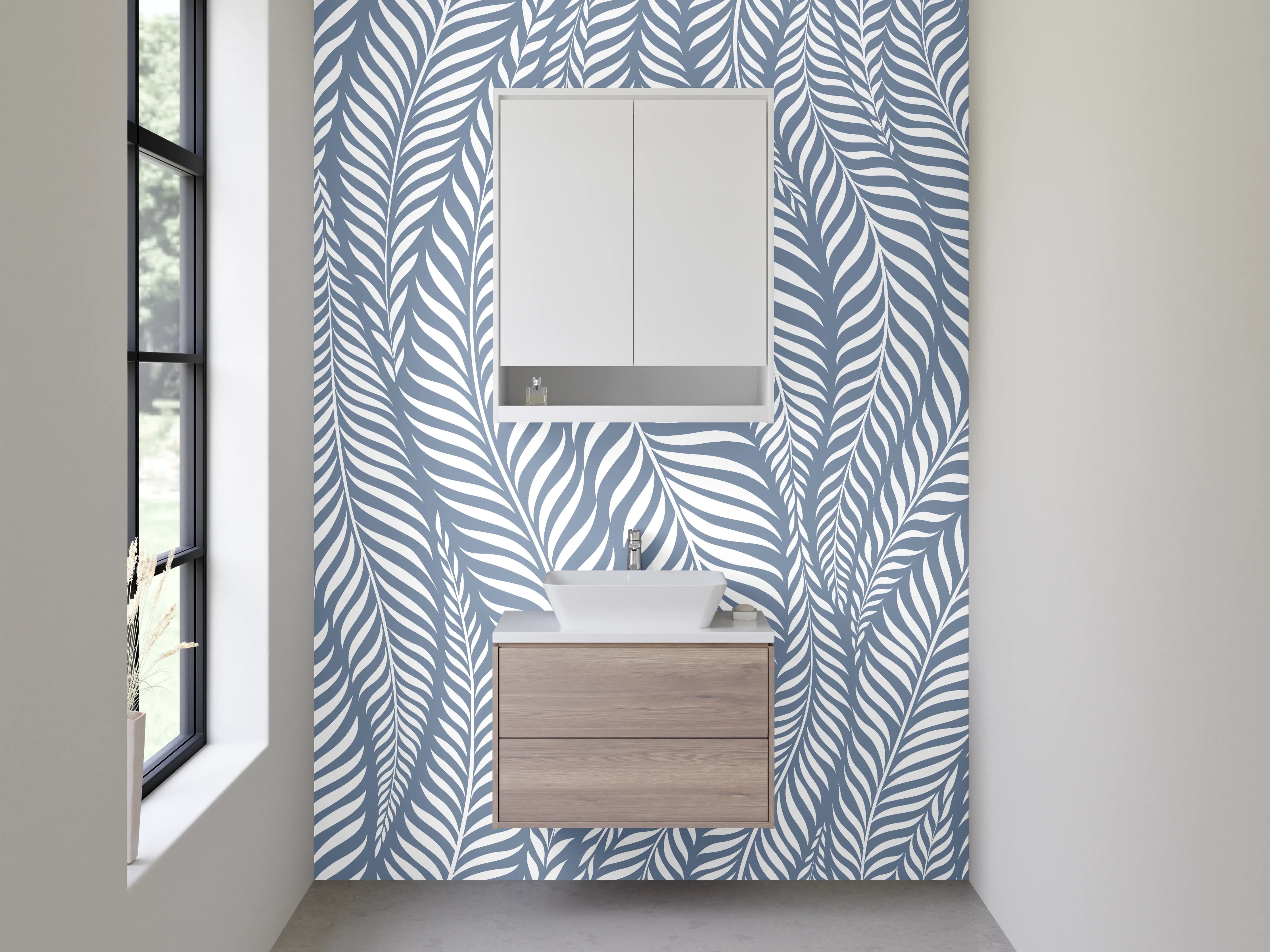 Waschbecken-Rückwand - Modernes Blätter-Muster in Blau-Weiß