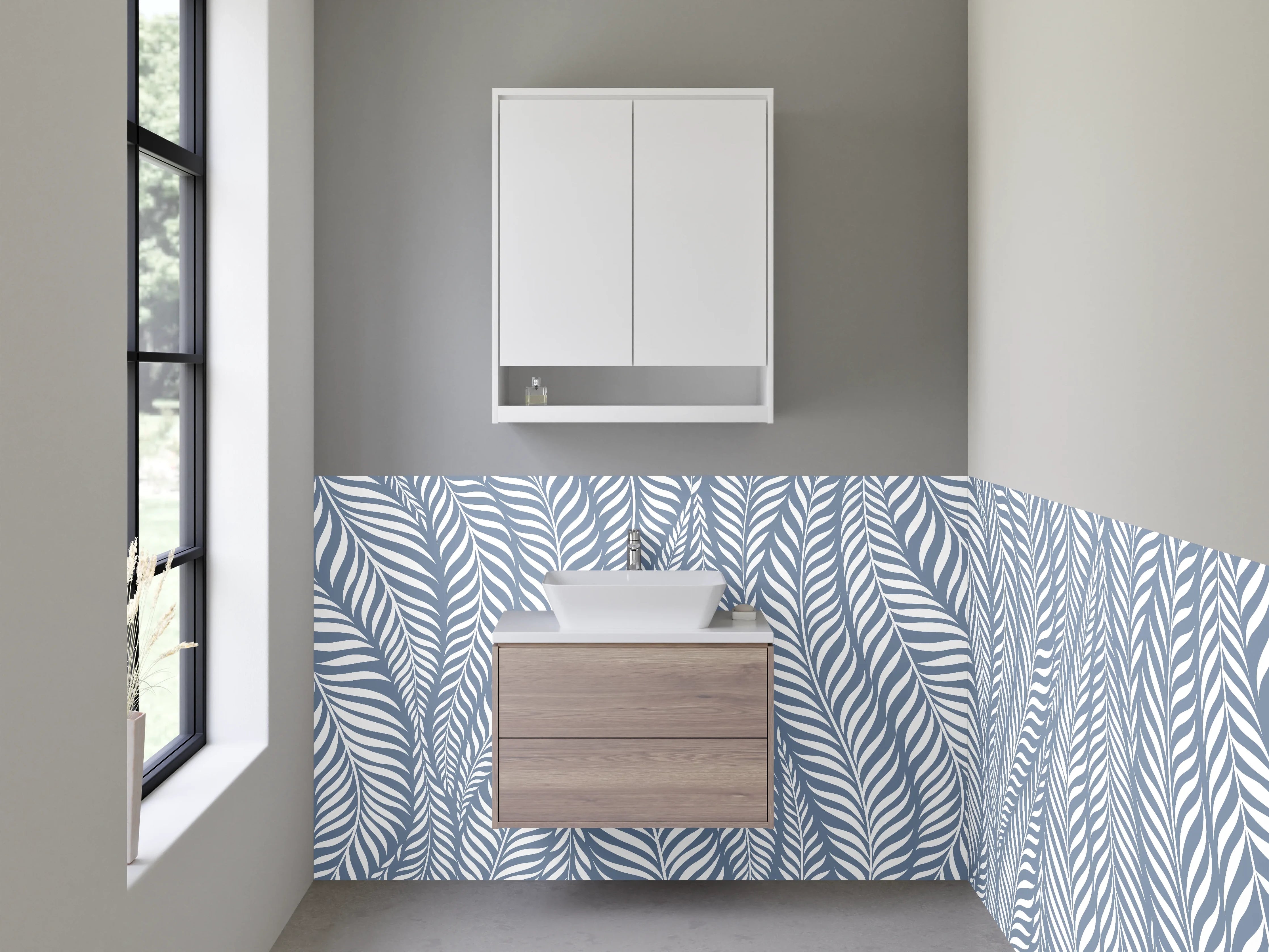 Waschbecken-Rückwand - Modernes Blätter-Muster in Blau-Weiß