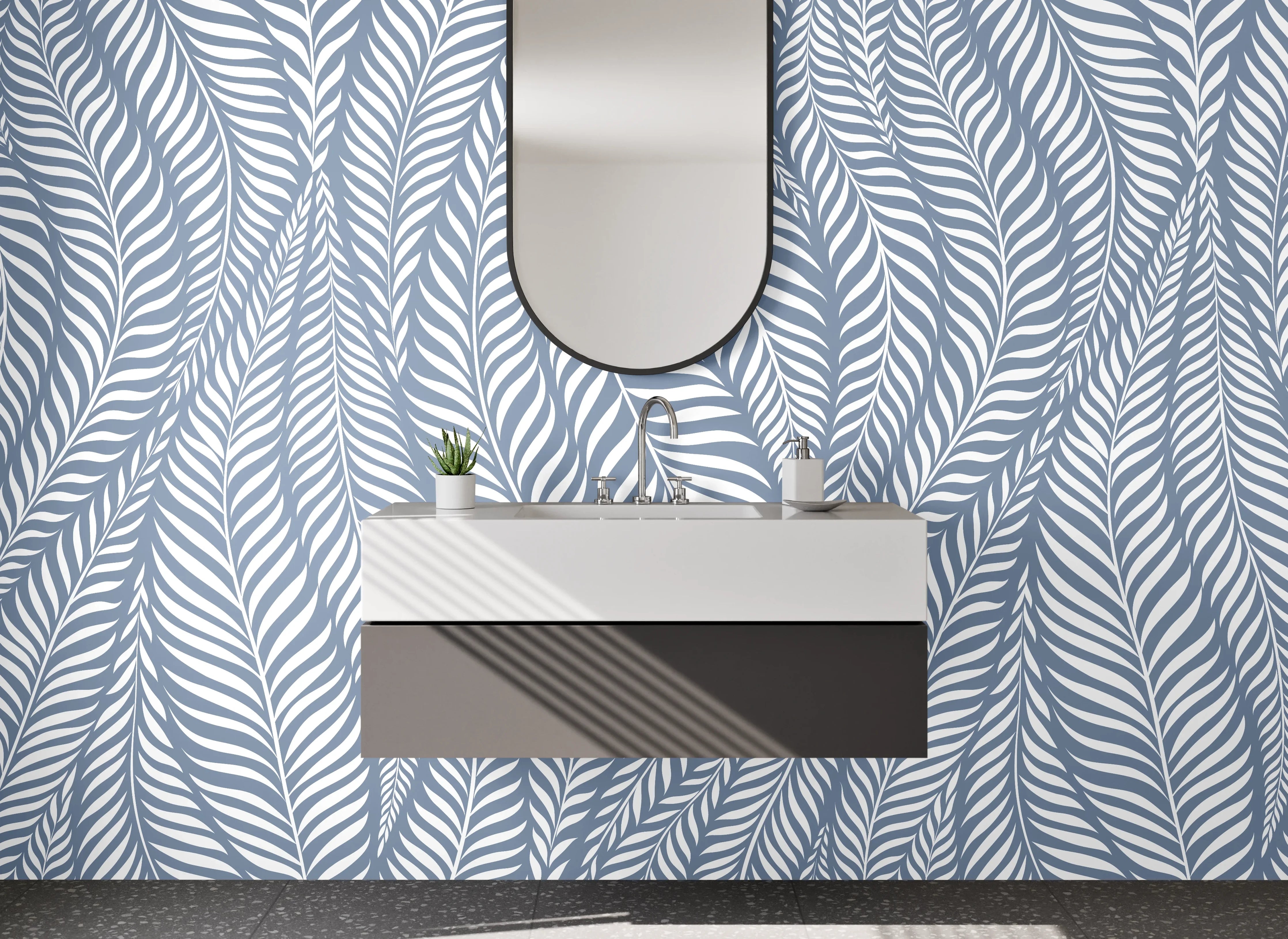 Waschbecken-Rückwand - Modernes Blätter-Muster in Blau-Weiß
