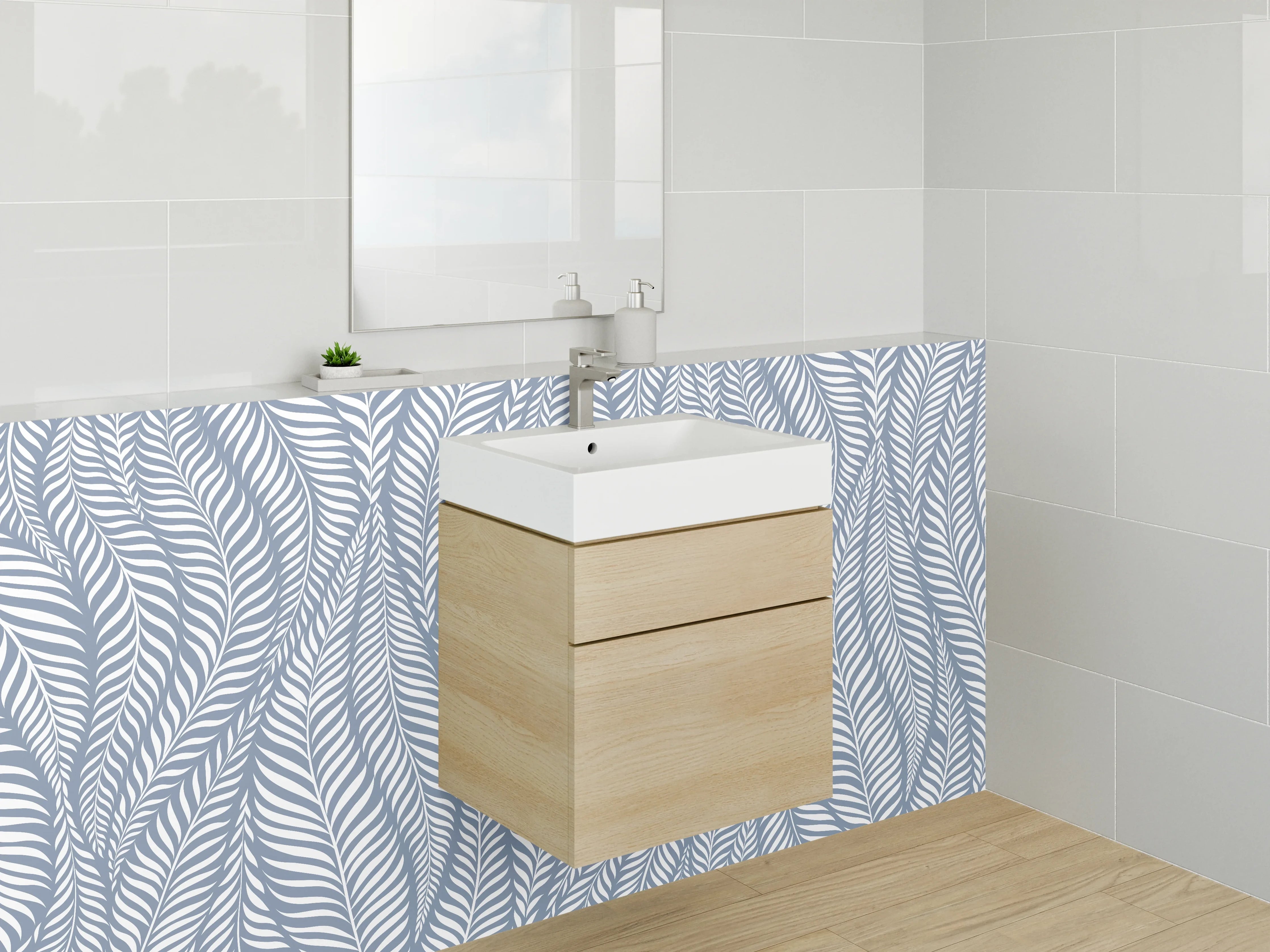 Waschbecken-Rückwand - Modernes Blätter-Muster in Blau-Weiß
