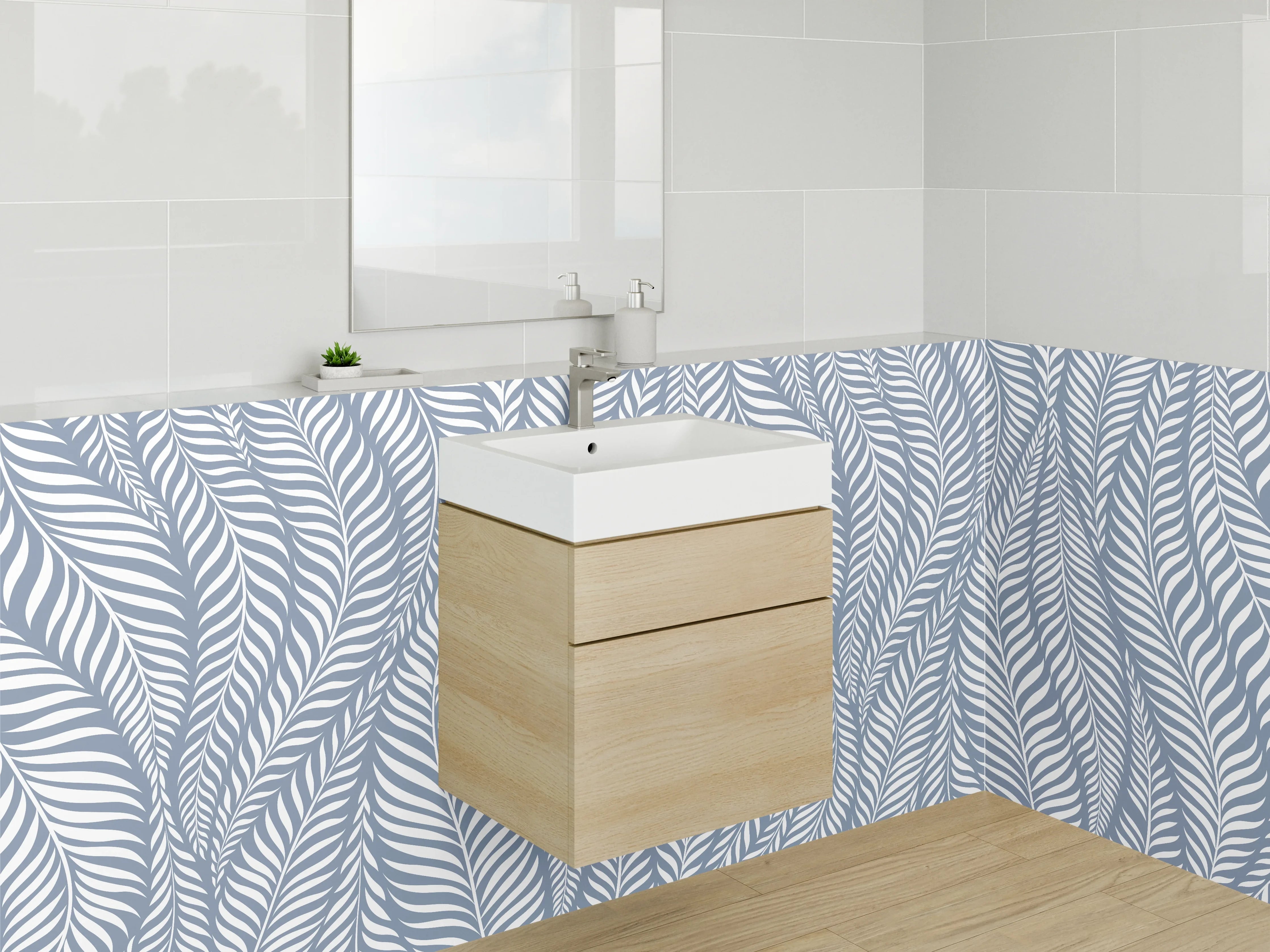 Waschbecken-Rückwand - Modernes Blätter-Muster in Blau-Weiß