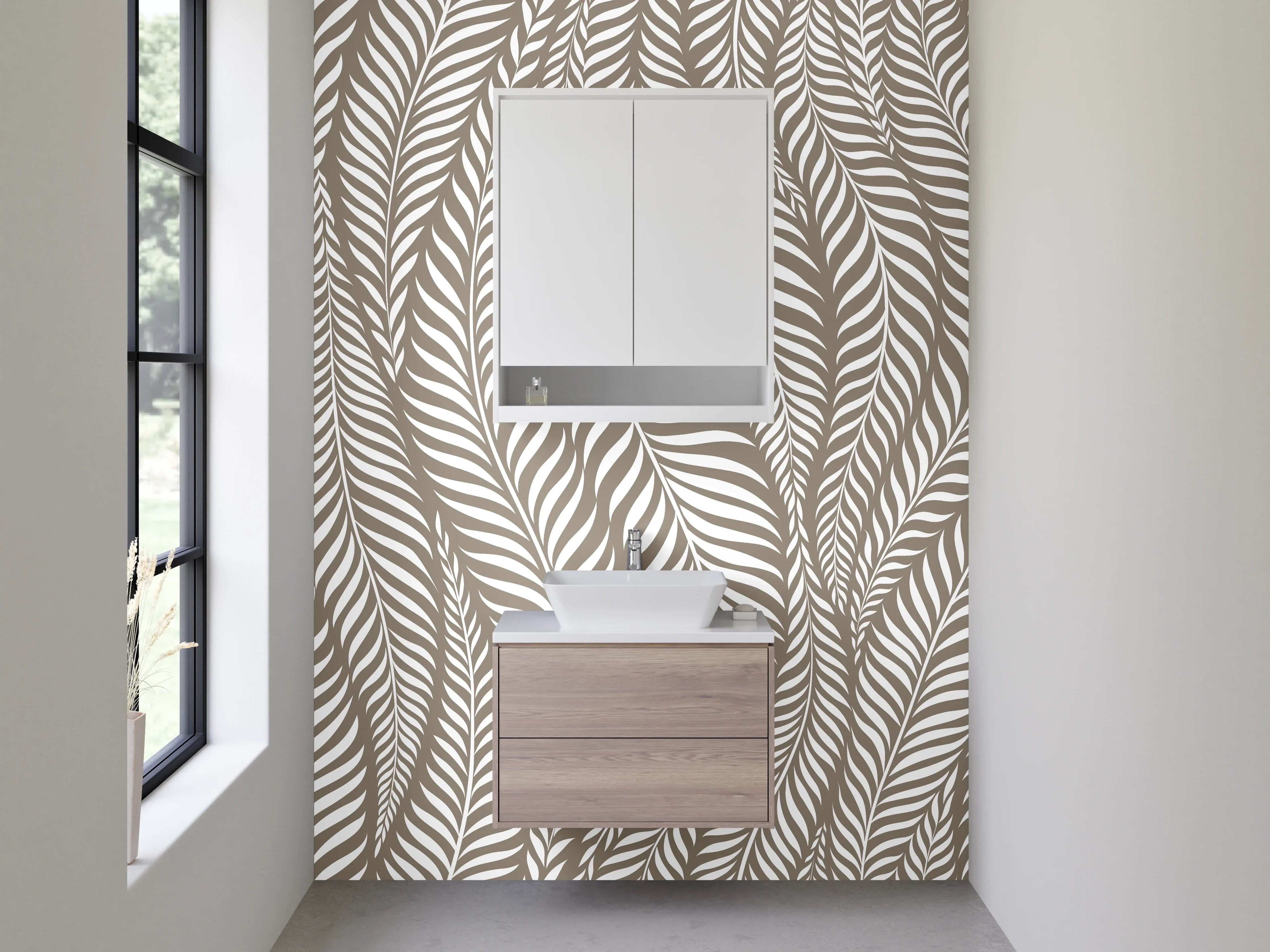 Waschbecken-Rückwand - Modernes Blättermuster Beige Weiß