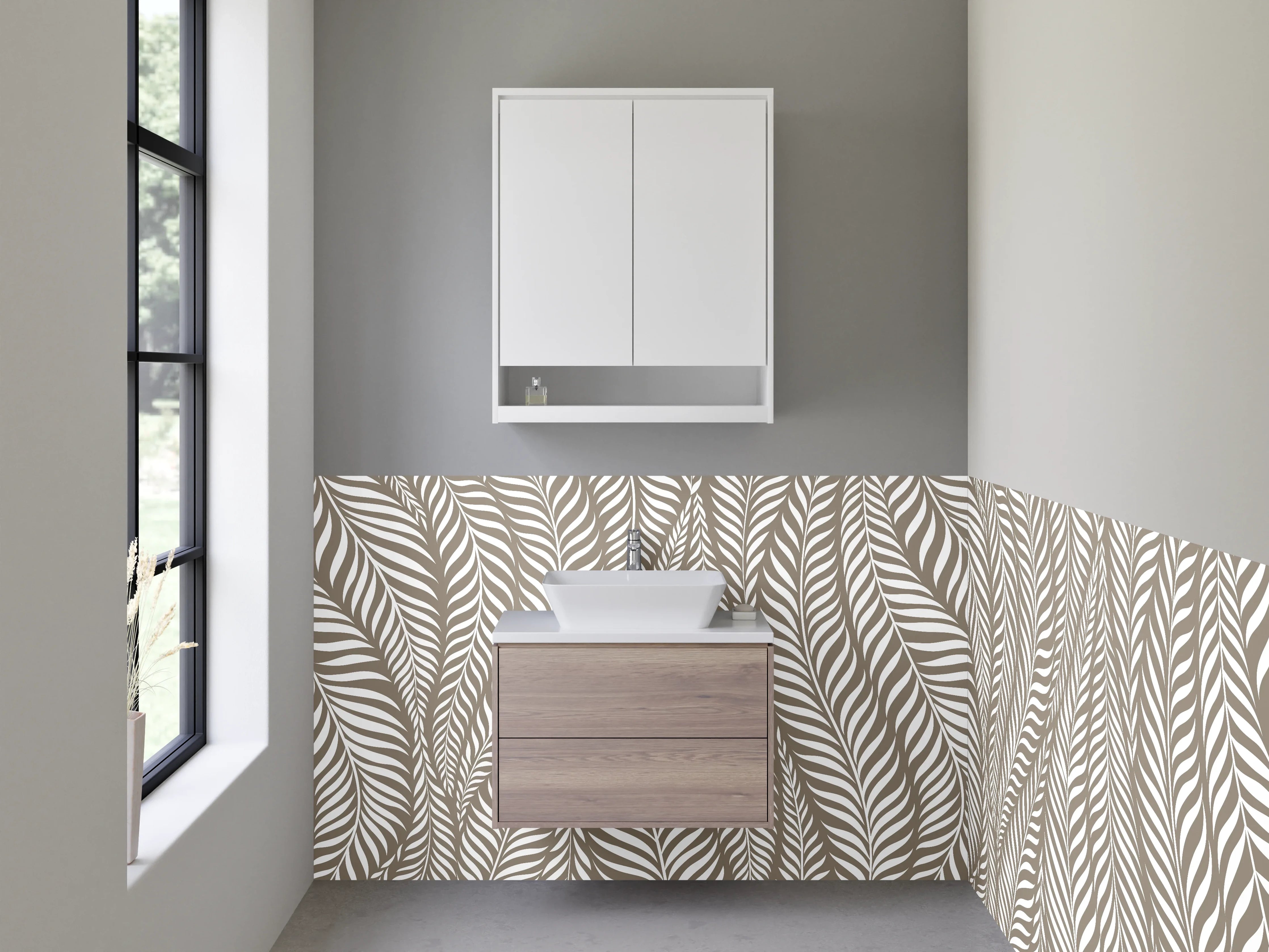 Waschbecken-Rückwand - Modernes Blättermuster Beige Weiß
